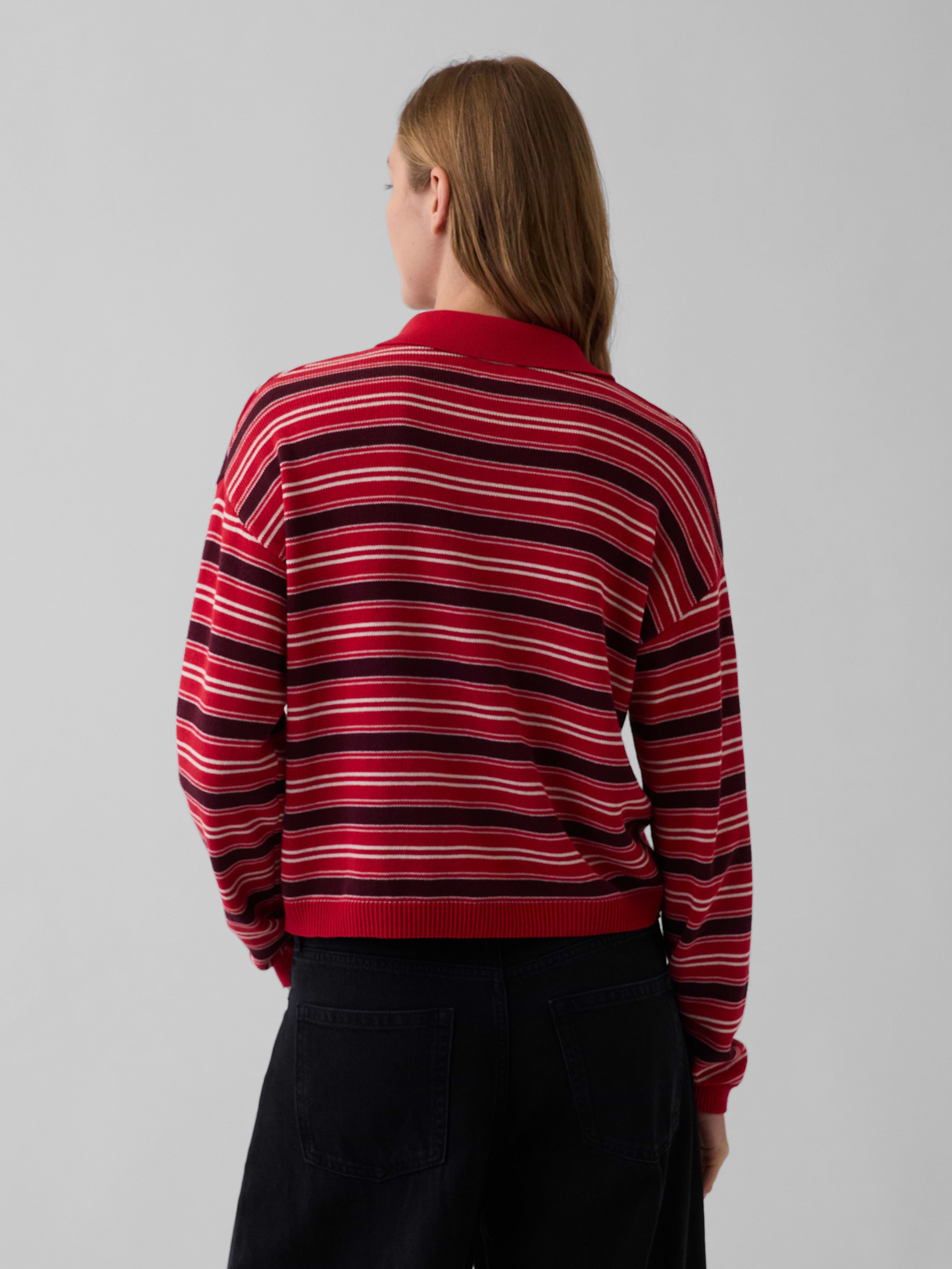 100% Cotton Relaxed Polo Sweater - Brown & red stripe