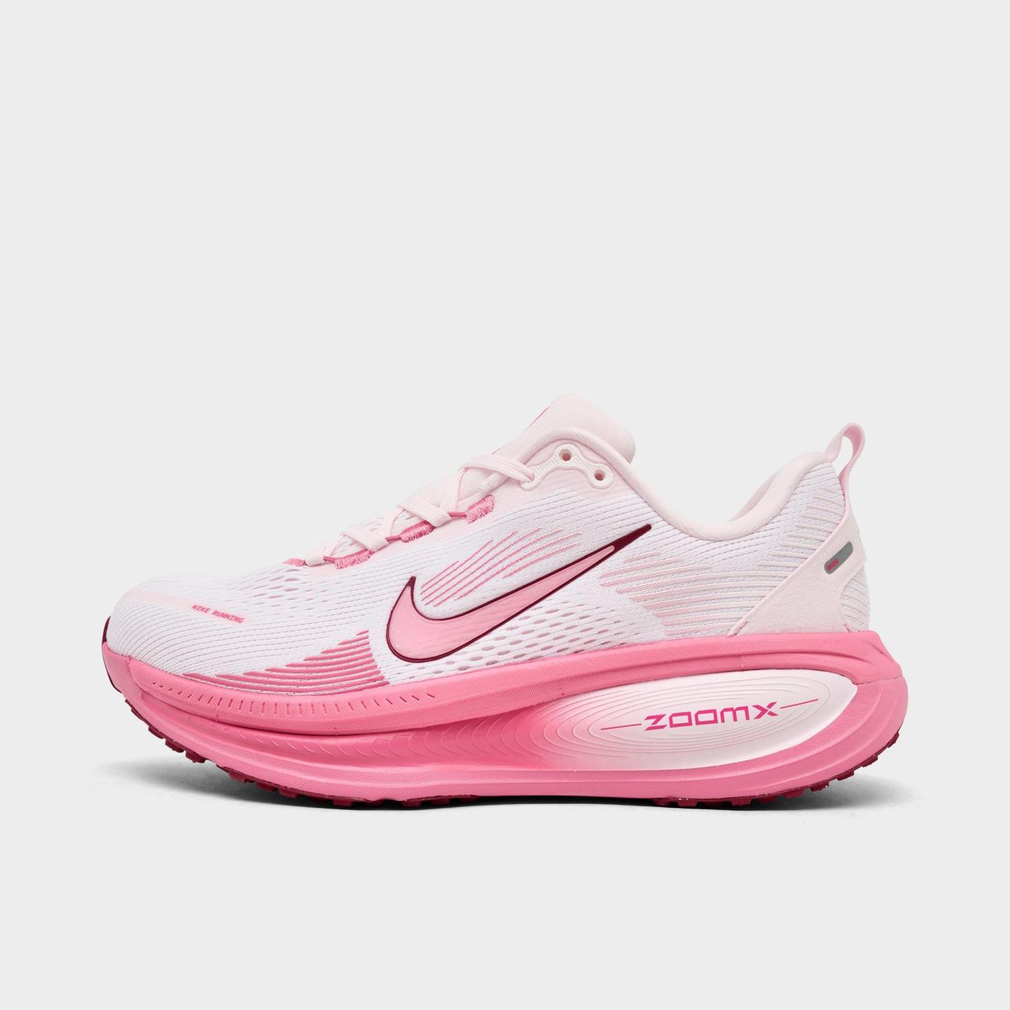 Women's Nithtke Vomero 18 Running Shoes - Part 2 - White/Pearl Pink/Team Red/Peony - Left shoe facing left. Outside of the shoe.