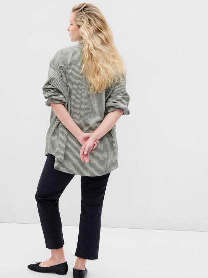 Organic Cotton Poplin Stripe Big Shirt - olive green stripe