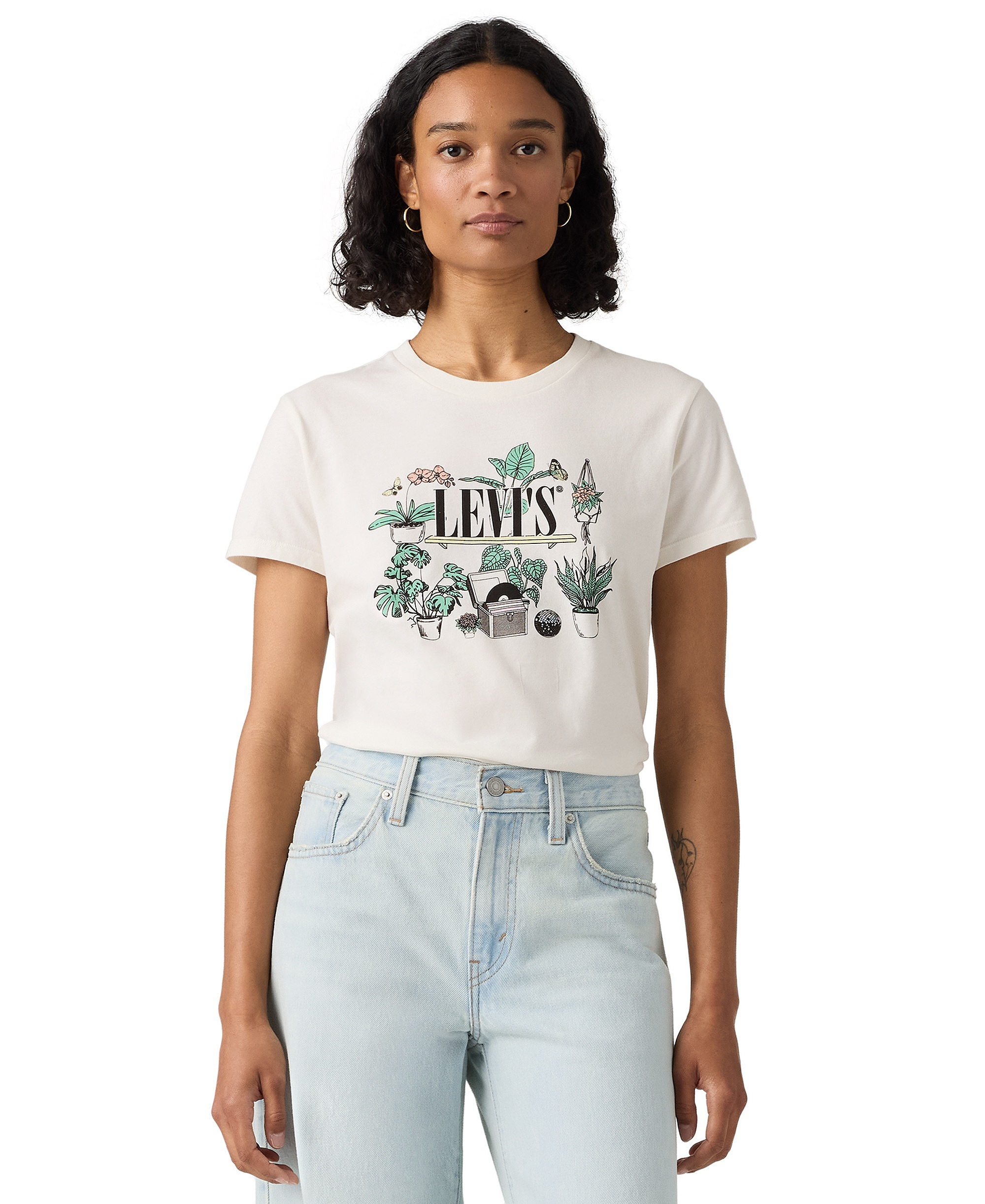 Levi's Women's Perfect Graphic Logo Cotton T-Shirt - Serif Plant Shelf Egret