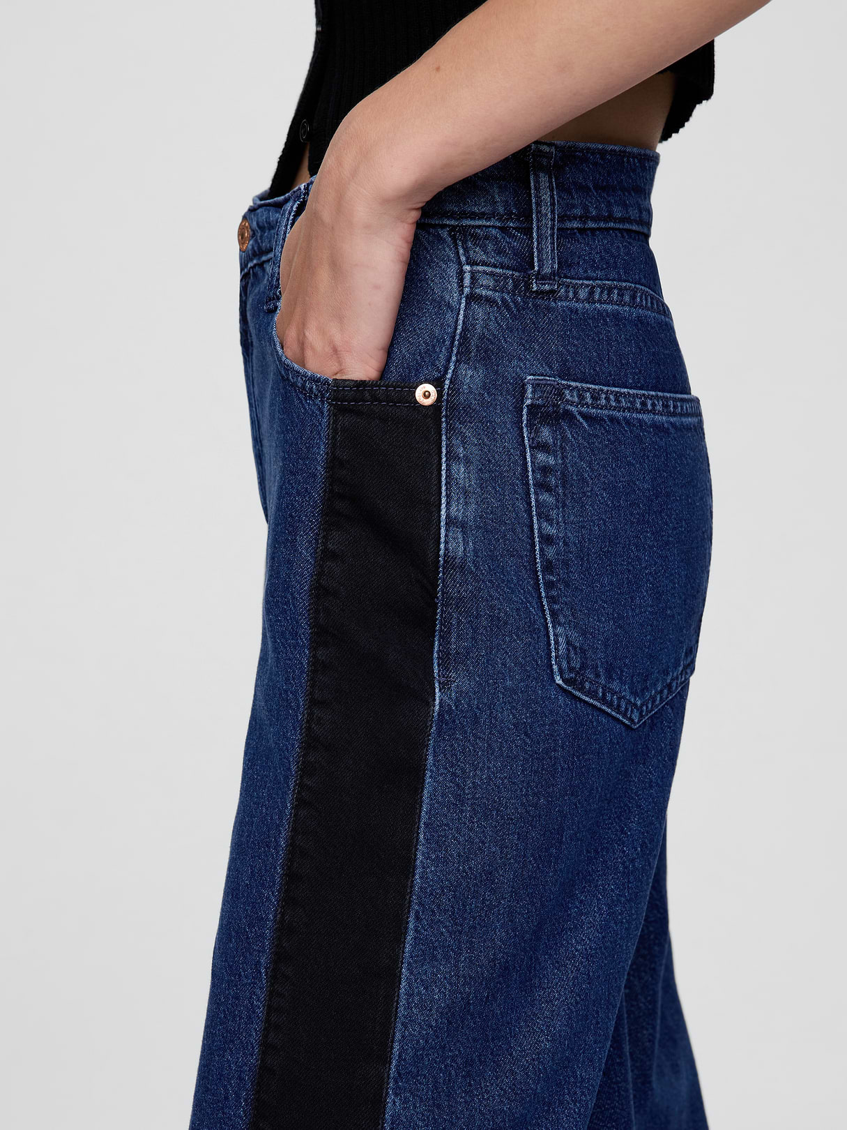 Mid Rise Denim Stripe Baggy Jeans - Side stripe medium wash