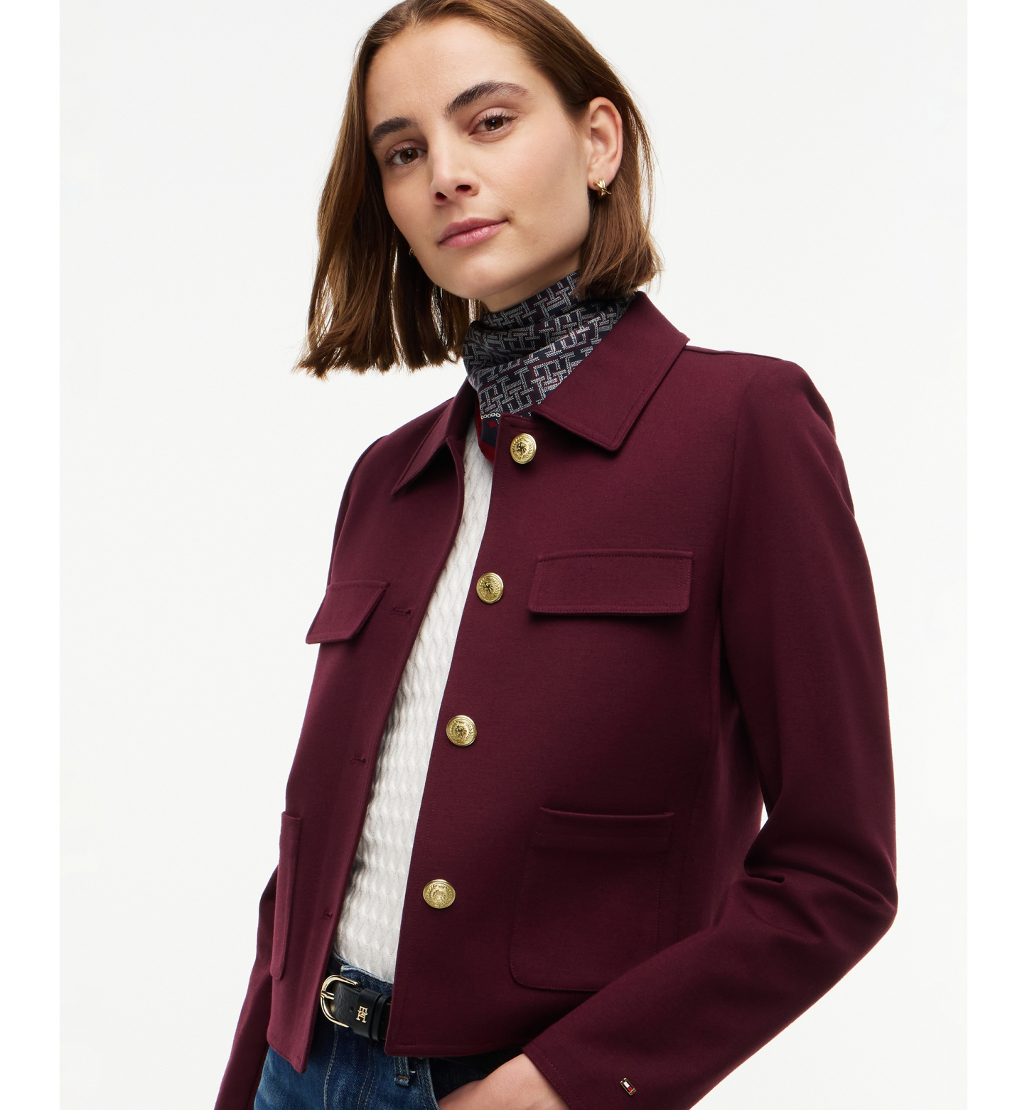 Tommy Hilfiger Women's Ponte Knit Band Collar Jacket - Deep Burgundy