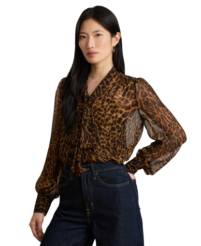 Lauren Ralph Lauren Women's Ocelot-Print Chiffon Tie-Neck Blouse