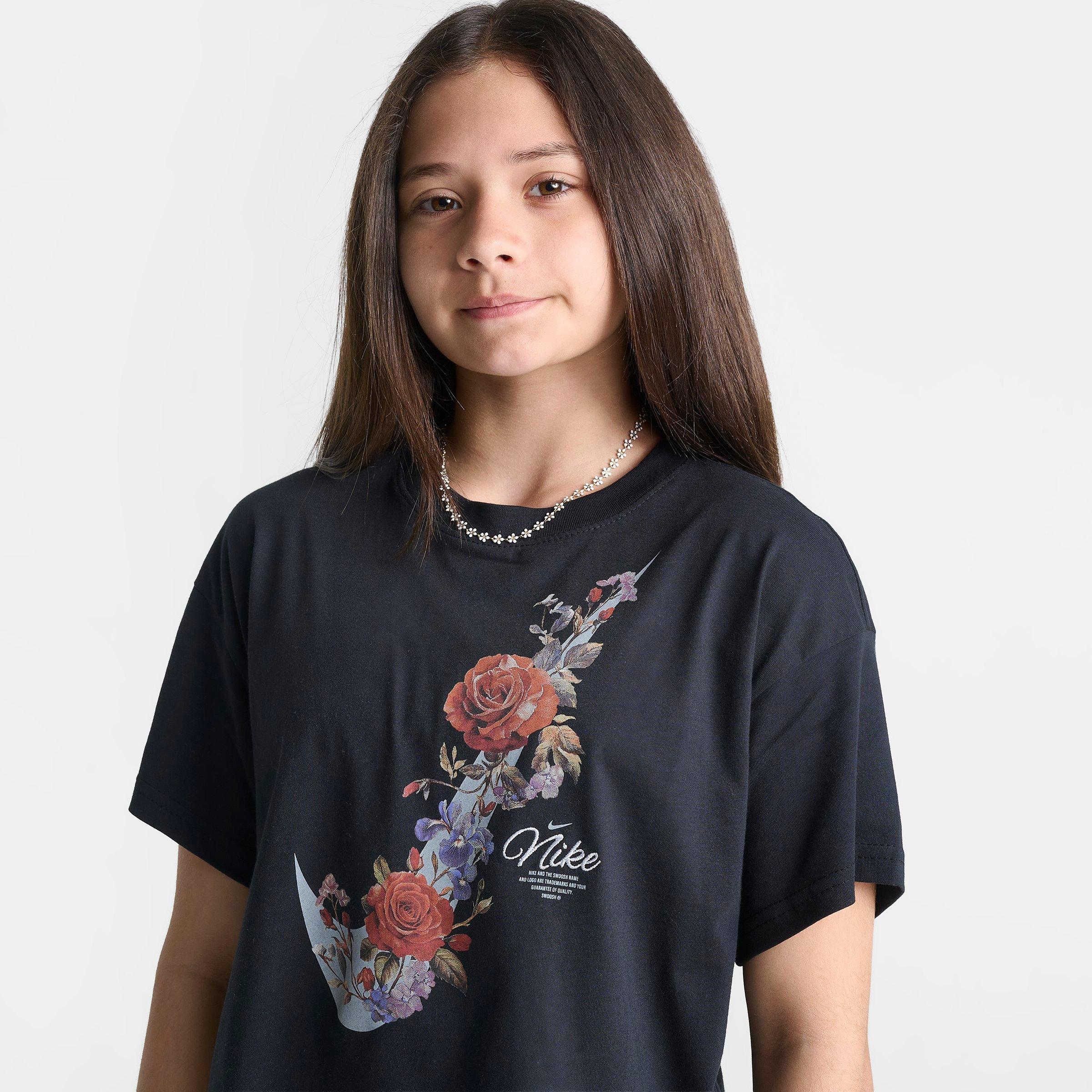 Girls' Big Kids' Nithtke Sportswear Essentials Bloom Boxy T-Shirt - Black/Wolf Grey