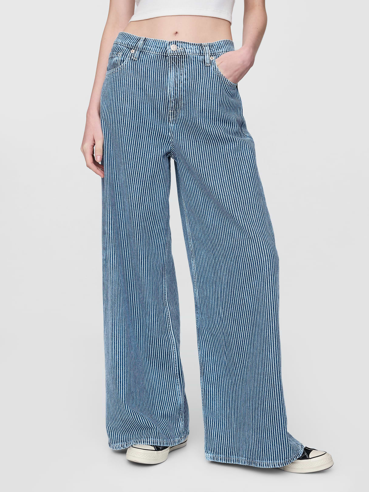 Mid Rise Denim Stripe Baggy Jeans - Blue indigo stripe