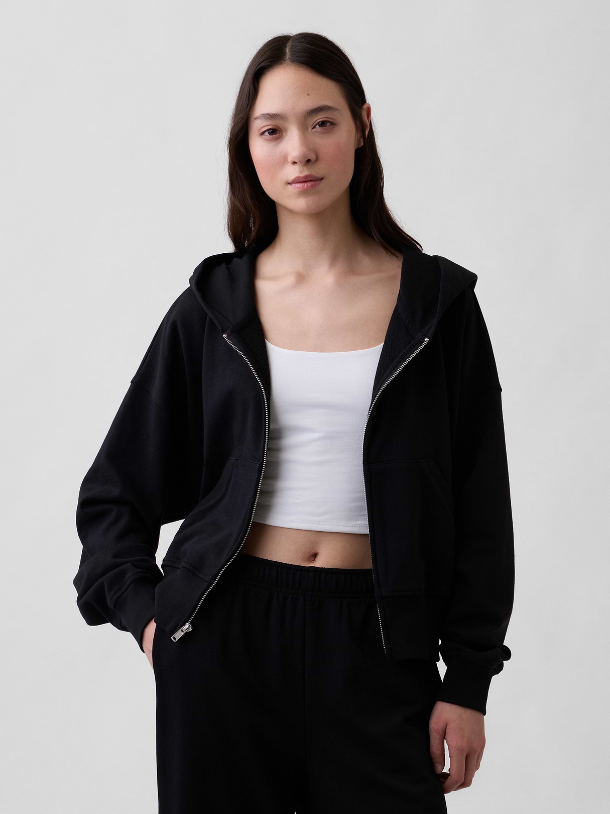 VintageSoft Terry Oversized Wedge Zip Hoodie - True black
