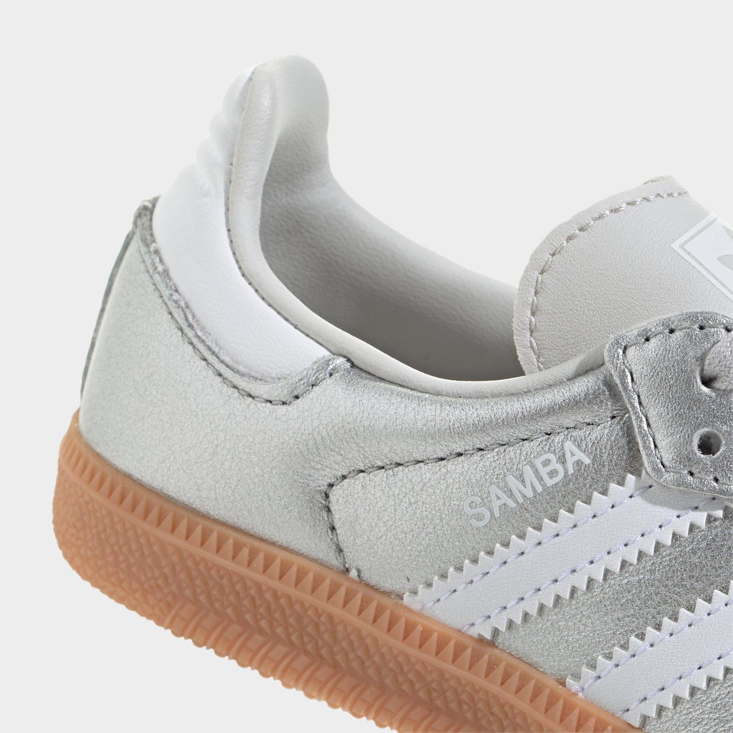 Little Kids' adidas Originals Samba OG Casual Shoes - Silver Metallic/Cloud White/Gum - Detail shot