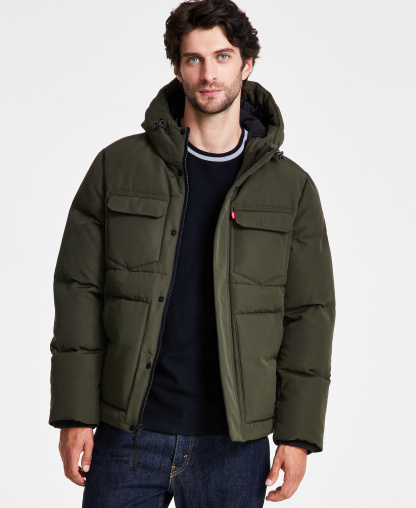 Levi's Men's Quilted Hooded Puffer Jacket - Olive