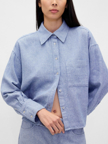 Linen-Cotton Oversized Shirt - Blue chambray