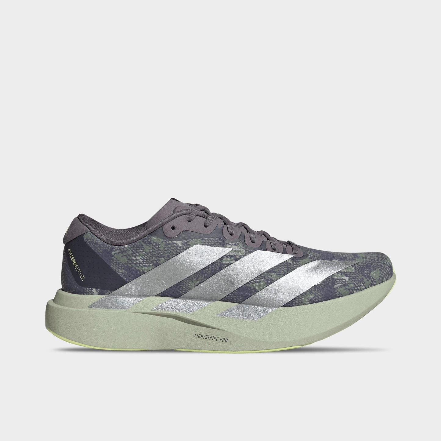 Men's adidas Adizero EVO SL Woven Running Shoes - Part 1 - Halo Green/Matte Silver/Semi Frozen Lemon - Left shoe facing left. Outside of the shoe.
