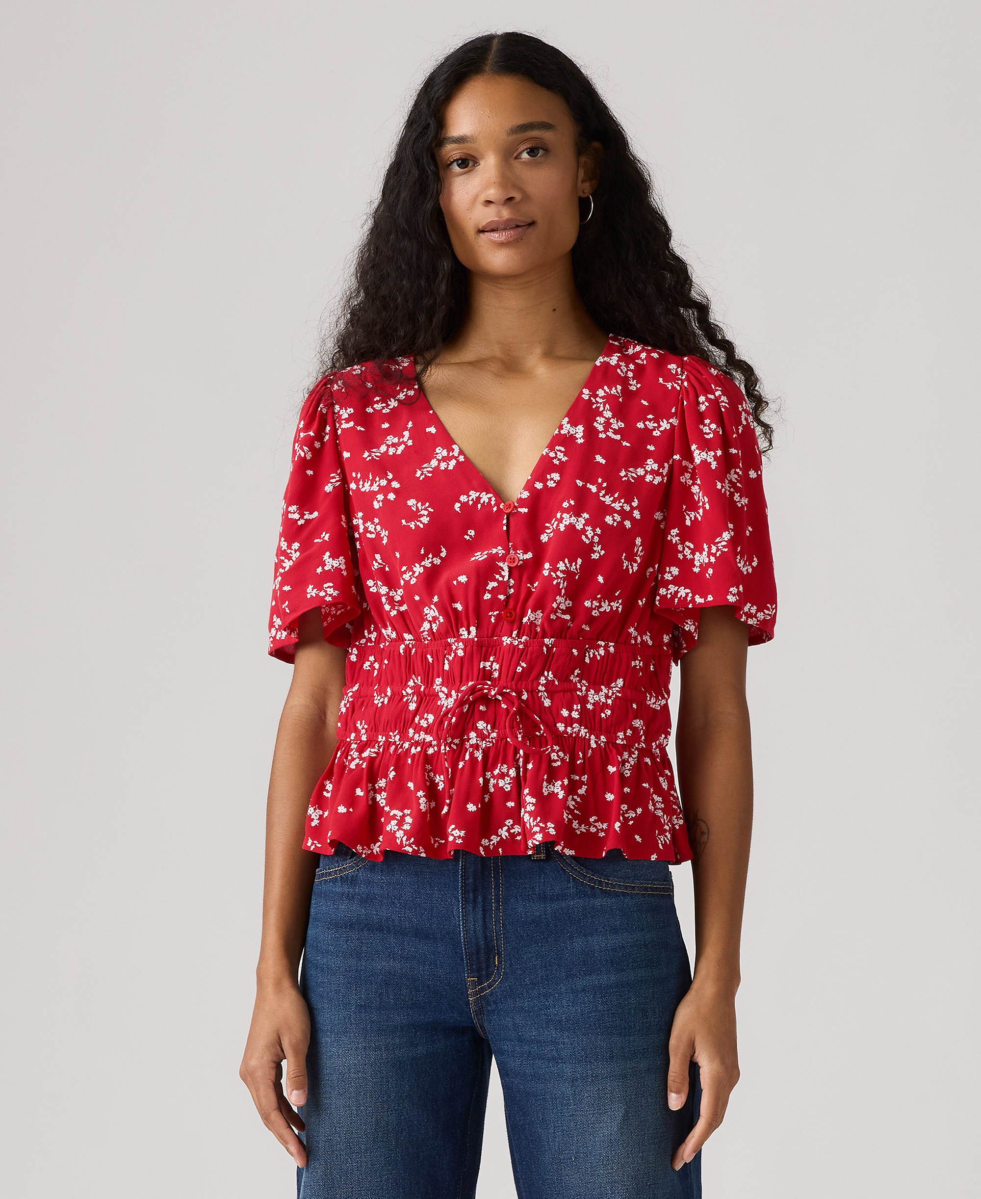 Levi's Women's V-Neck Ryan Short-Sleeve Crepe Blouse - Janet Floral Urban Red