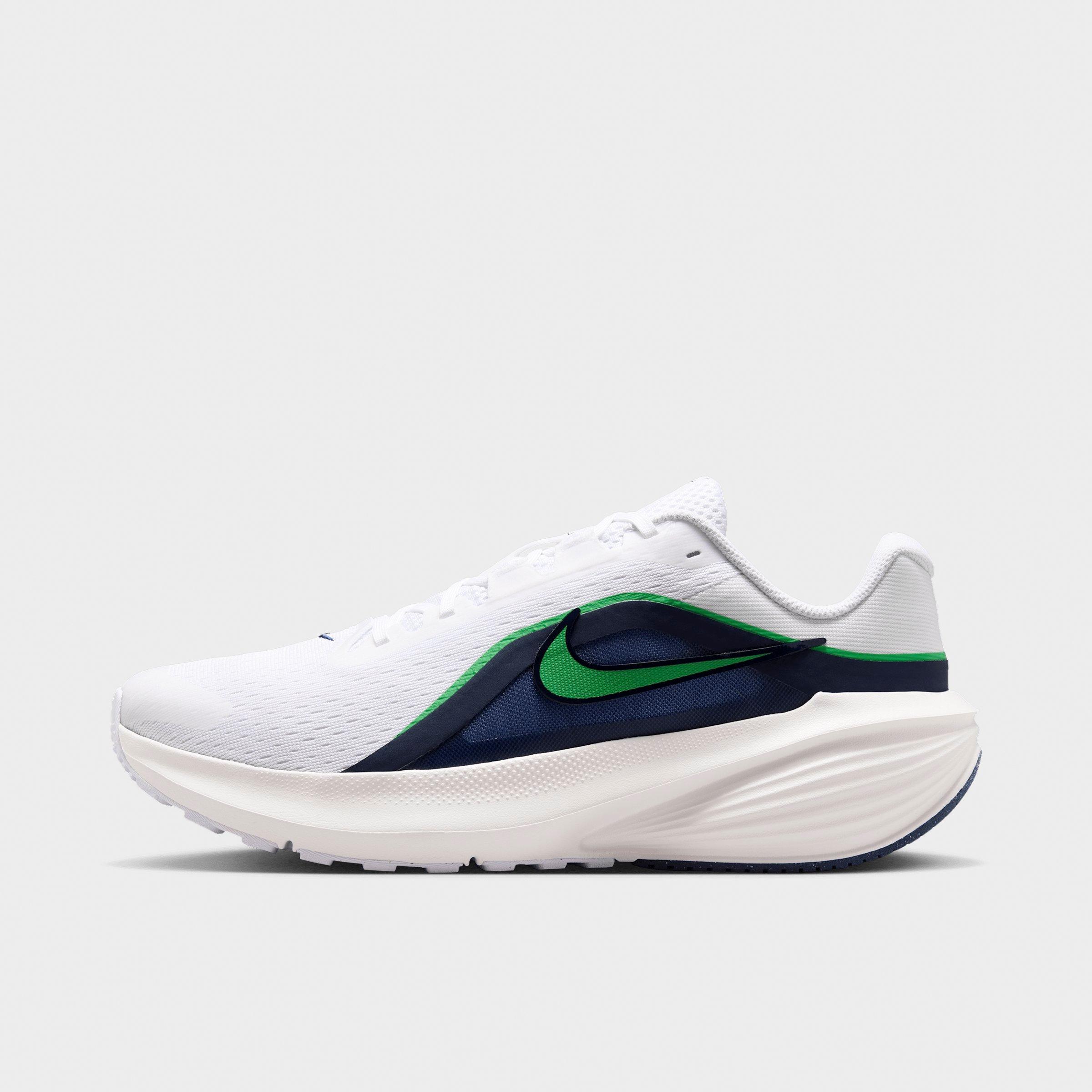 Men's Nithtke Downshifter 14 Running Shoes - White/Midnight Navy/Summit White/Green Spark - Left shoe facing left. Outside of the shoe.
