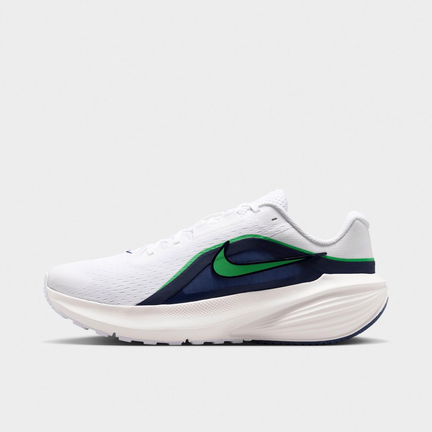Men's Nithtke Downshifter 14 Running Shoes - White/Midnight Navy/Summit White/Green Spark - Left shoe facing left. Outside of the shoe.