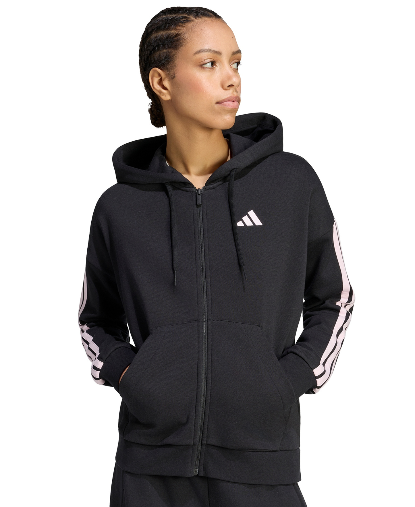 adidas Women's 3-Stripe Fleece Full-Zip Hoodie - Black/clear Pink