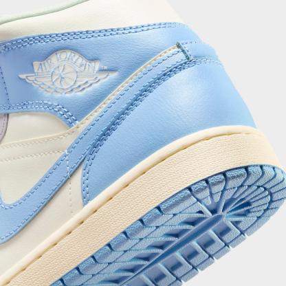 Women's Air Jordan Retro 1 Mid Casual Shoes - Psychic Blue/Sail/Coconut Milk/Neutral Grey - Left shoe facing left. Outside of the shoe. - view 3