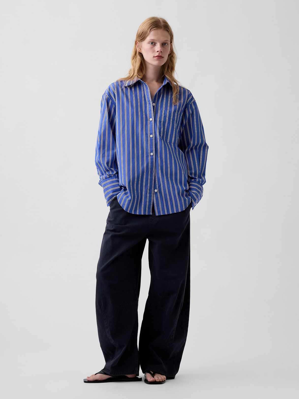 Organic Cotton Poplin Stripe Big Shirt - Blue & red stripe