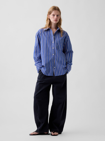 Organic Cotton Poplin Stripe Big Shirt - Blue & red stripe