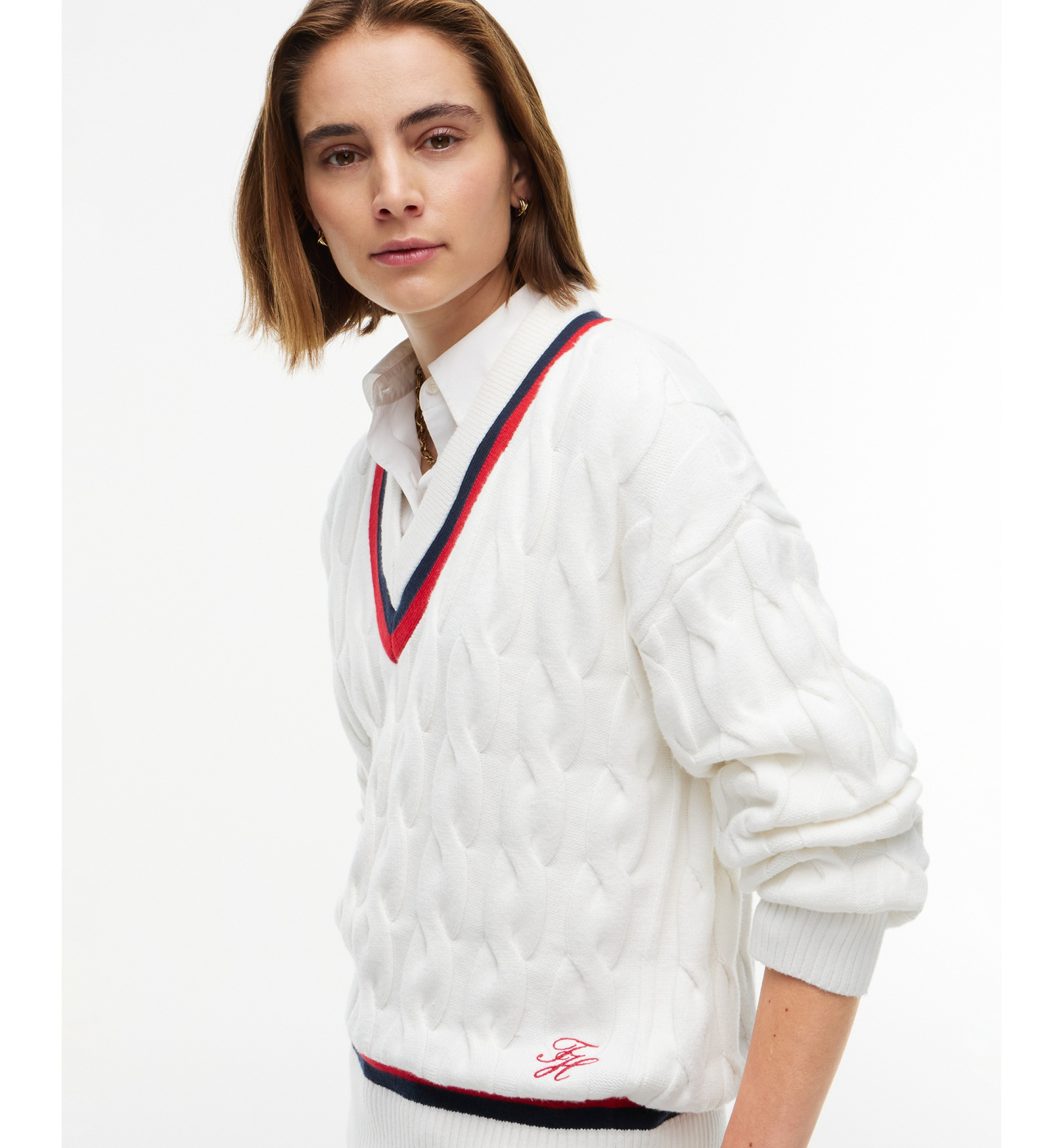 Tommy Hilfiger Women's Cricket Cable-Knit V-Neck Oversized Sweater - Ecru