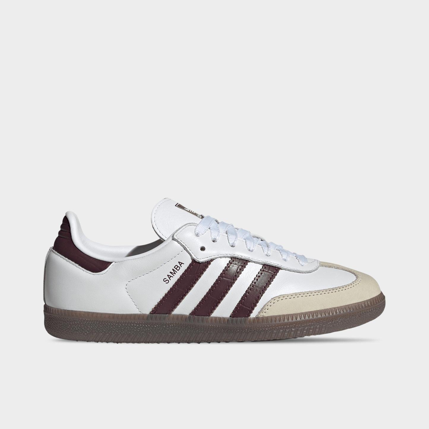 Women's adidas Originals Samba OG Casual Shoes - Part 1 - Cloud White/Maroon/Gum - Left shoe facing left. Outside of the shoe.