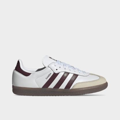 Women's adidas Originals Samba OG Casual Shoes - Part 1 - Cloud White/Maroon/Gum - Left shoe facing left. Outside of the shoe.