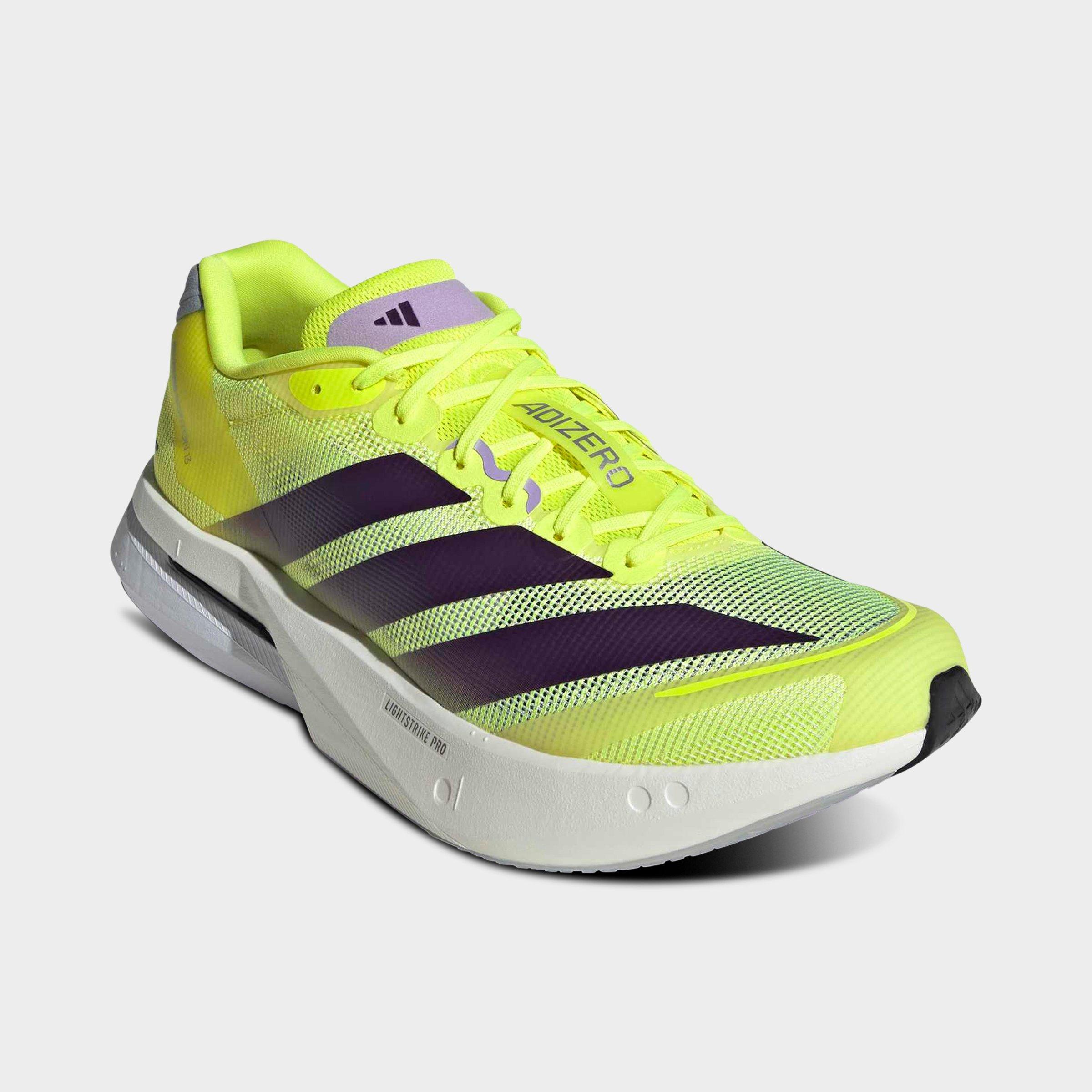 Men's adidas Adizero Boston 13 Running Shoes - Solar Yellow/Aurora Plum/Powder Plum - Both shoes facing left