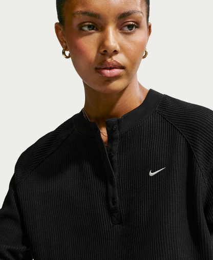 Nike Women's Sportswear Chill Waffle Oversized Long-Sleeve Henley Top - Black/Sail