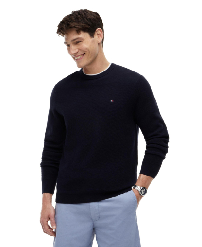 Tommy Hilfiger Men's Essential Texture Cotton Crewneck Sweater - Navy Blue