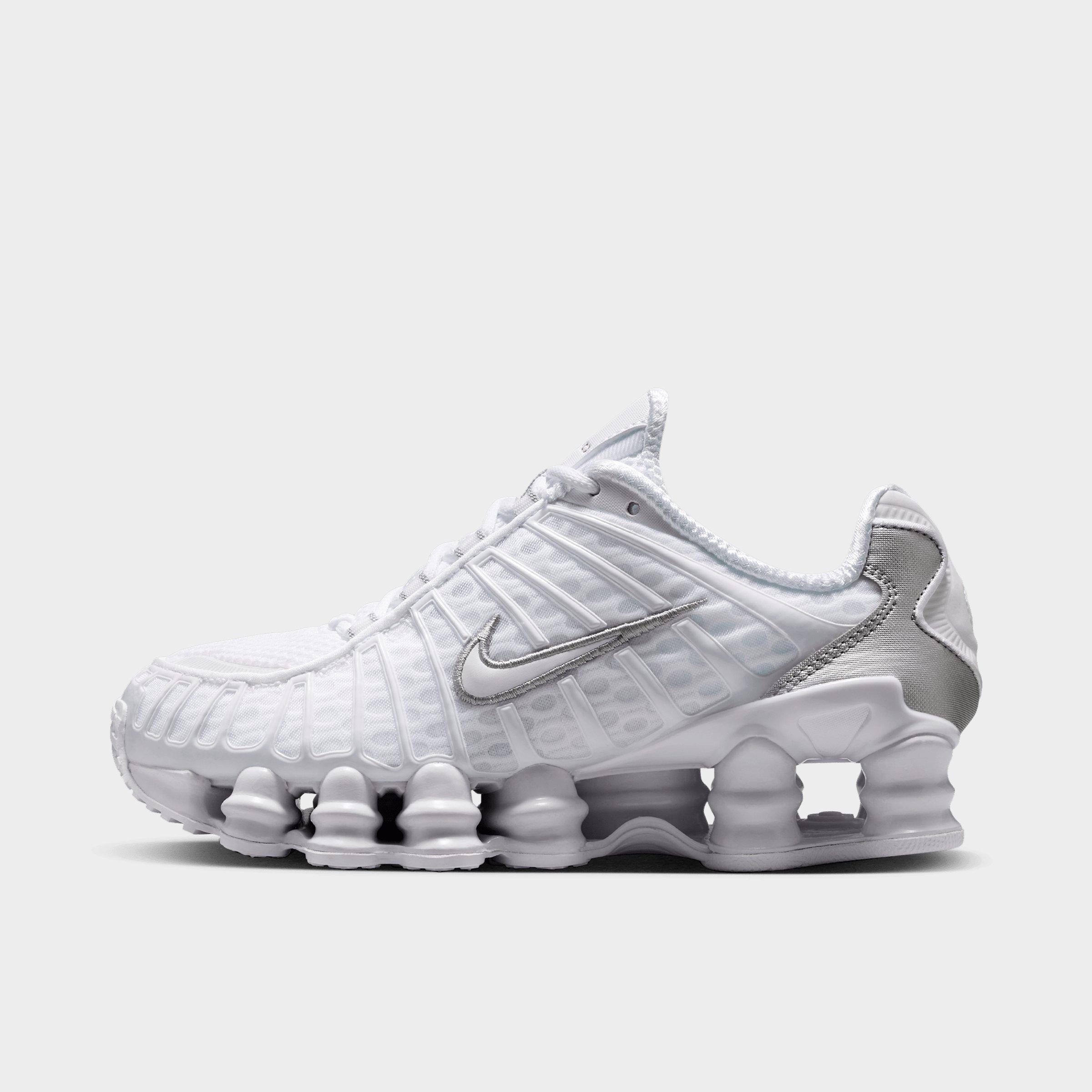Big Kids' Nithtke Shox TL Casual Shoes - White/Metallic Silver/Max Orange/White - Left shoe facing left. Outside of the shoe.