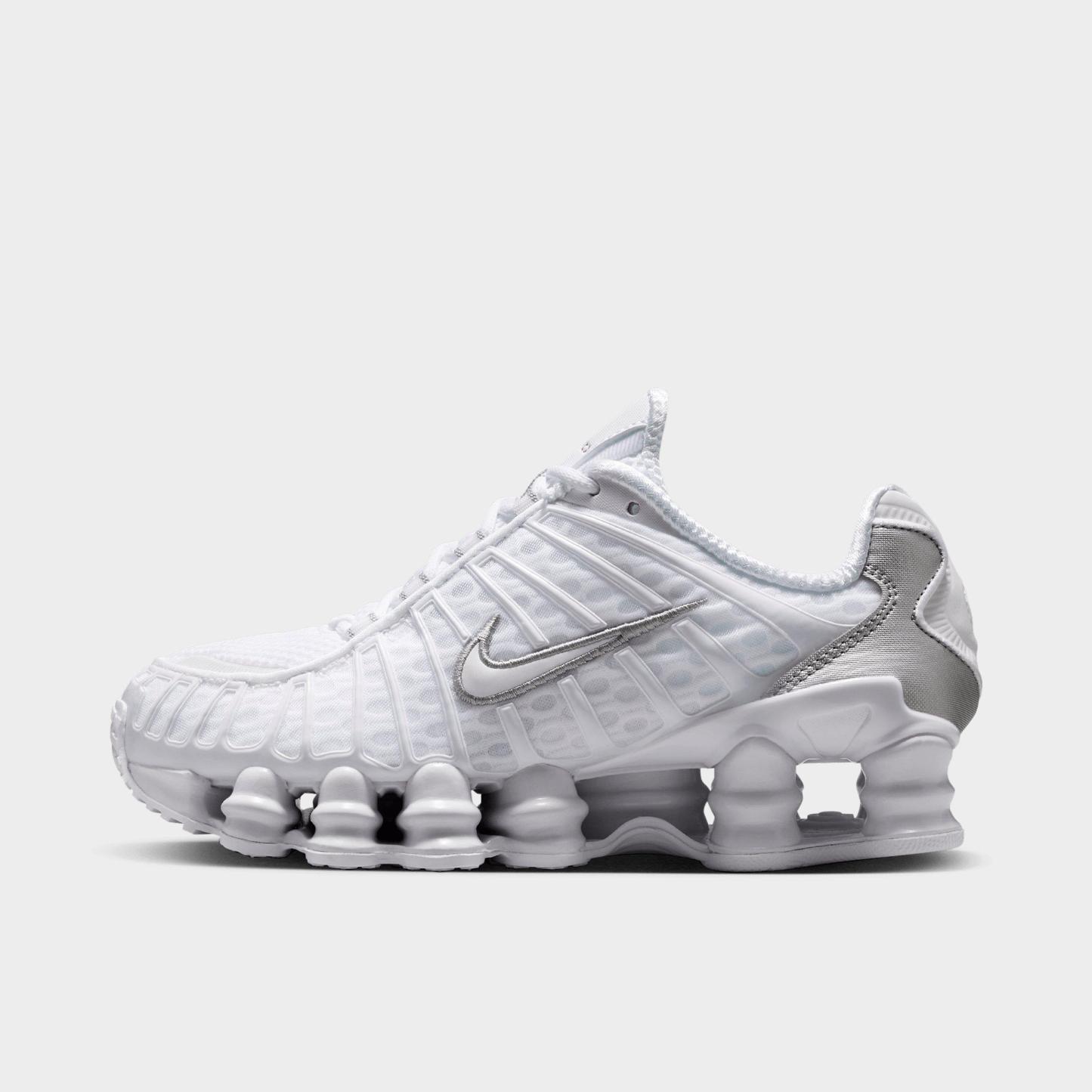 Big Kids' Nithtke Shox TL Casual Shoes - White/Metallic Silver/Max Orange/White - Left shoe facing left. Outside of the shoe.
