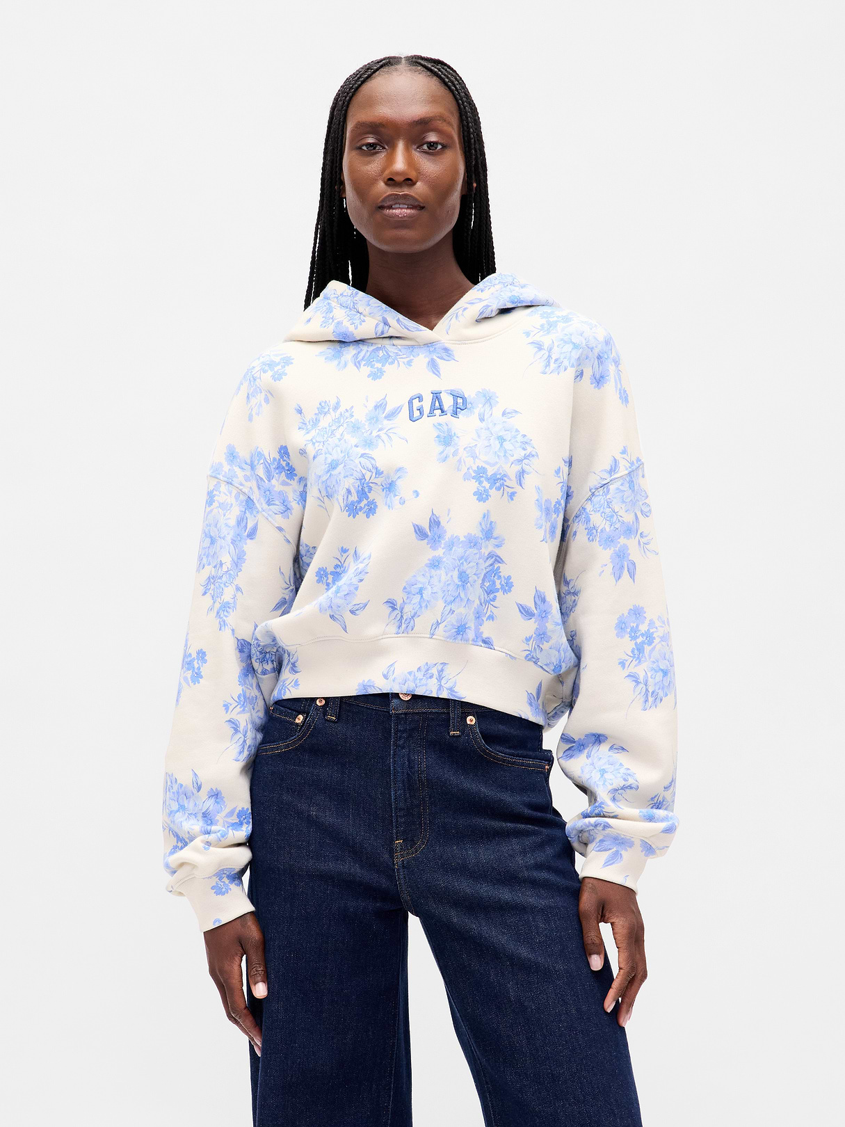 VintageSoft Crop Logo Hoodie - Blue floral print