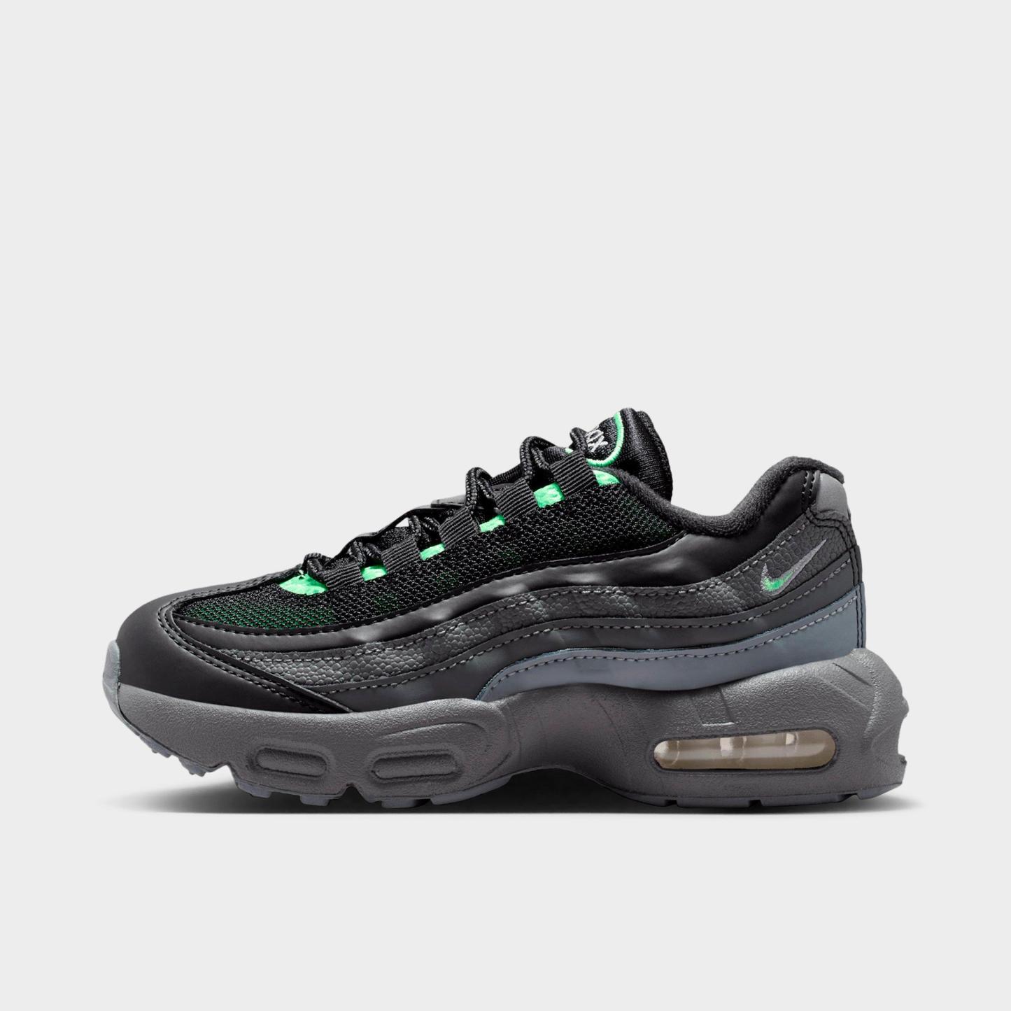 Little Kids' Nithtke Air Max 95 Recraft Casual Shoes - Black/Cool Grey/Iron Grey/Illusion Green - Left shoe facing left. Outside of the shoe.