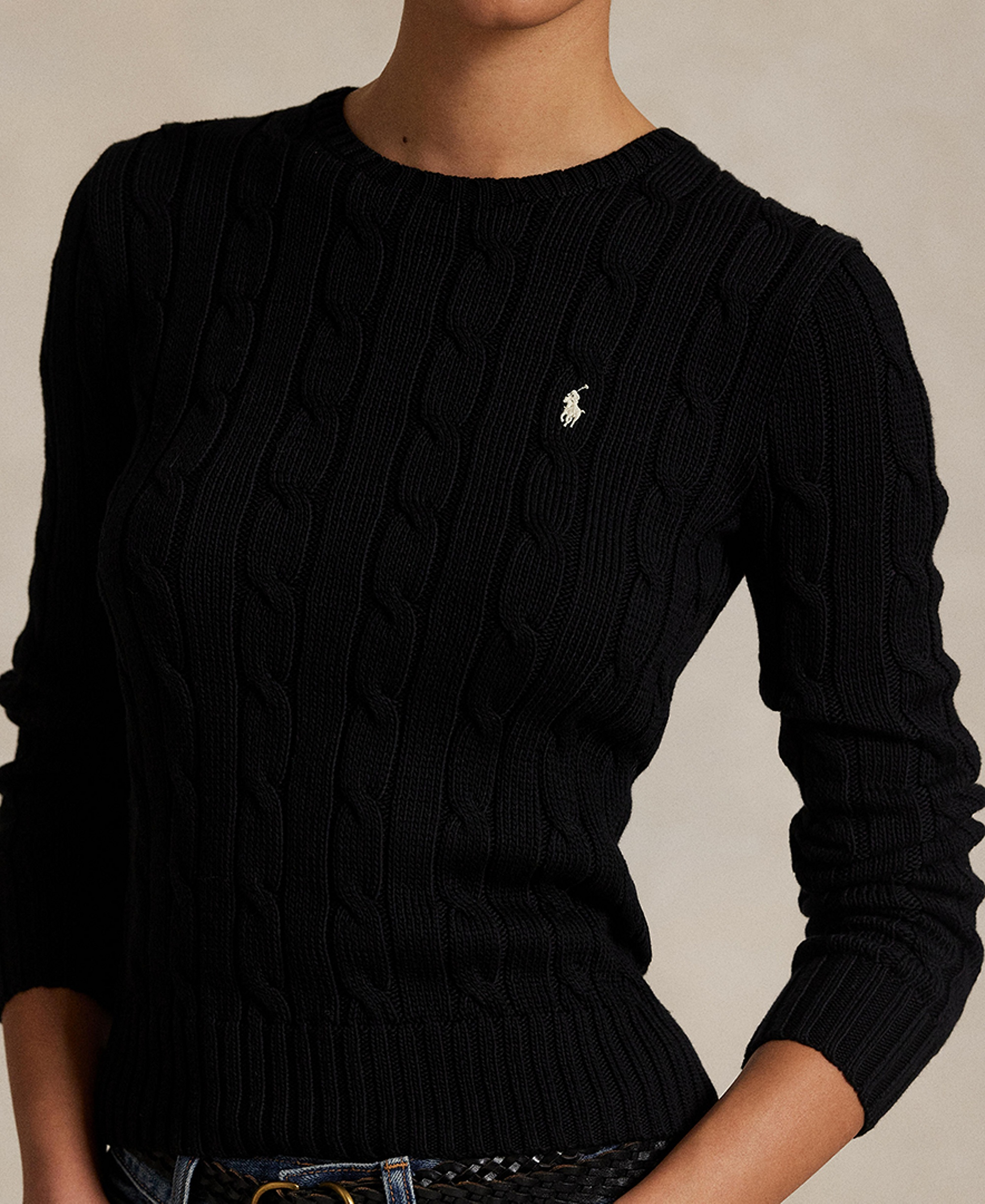 Polo Ralph Lauren Women's Cable-Knit Cotton Crewneck Sweater - Polo Black/White