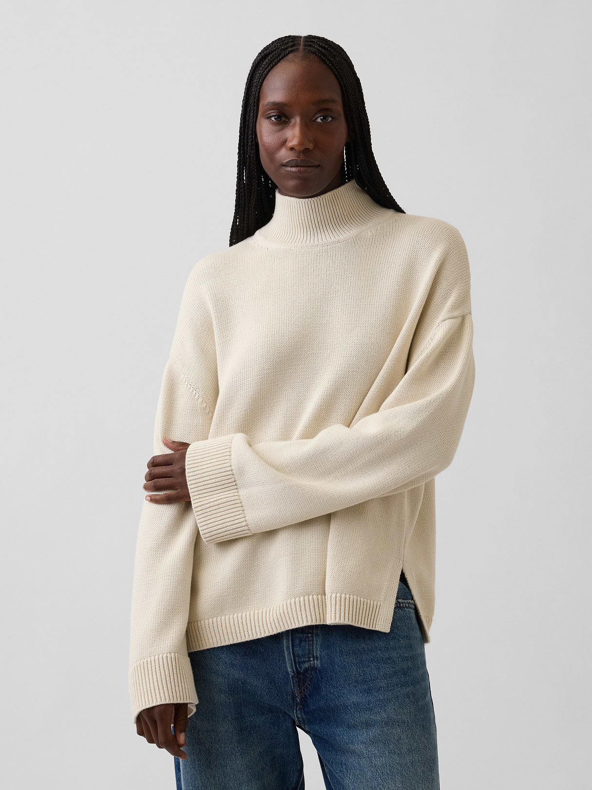 100% Cotton Oversized Mockneck Sweater - Cobblestone beige