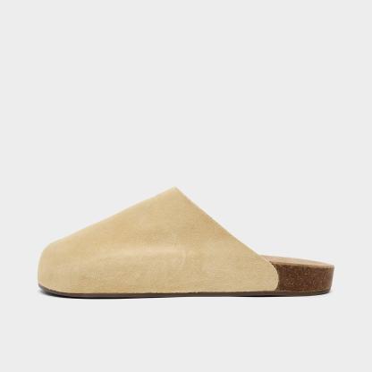 Men's adidas Originals Adimule Slide Sandals - Golden Beige/Golden Beige/Gum - Left shoe facing left. Outside of the shoe.