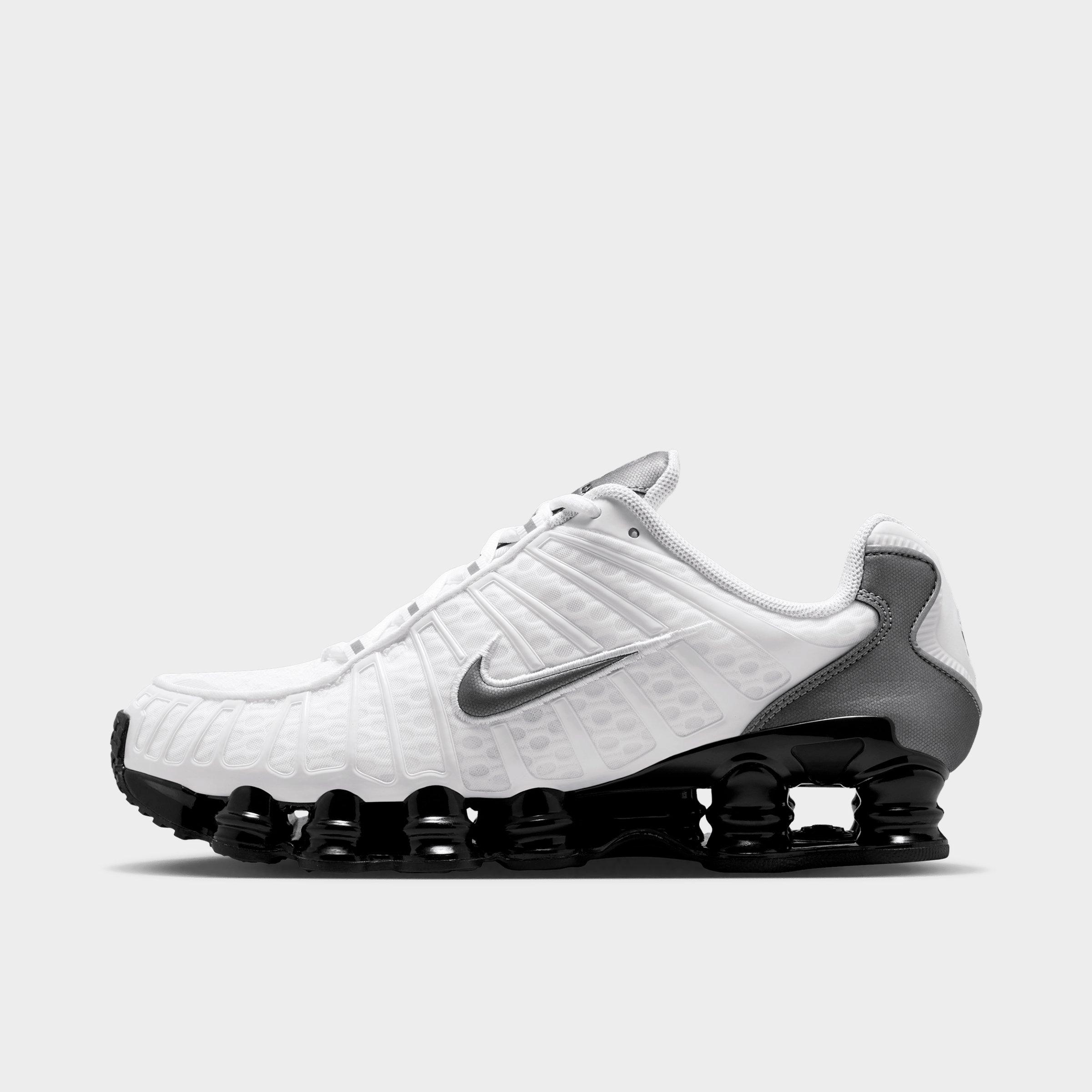 Men's Nithtke Shox TL Casual Shoes - Part 1 - White/Black/Cool Grey/Metallic Cool Grey - Left shoe facing left. Outside of the shoe.