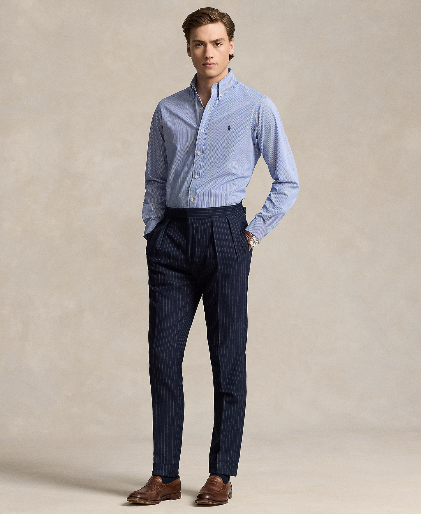 Polo Ralph Lauren Men's Stretch Poplin Shirt - Blue/White Hairline Stripe