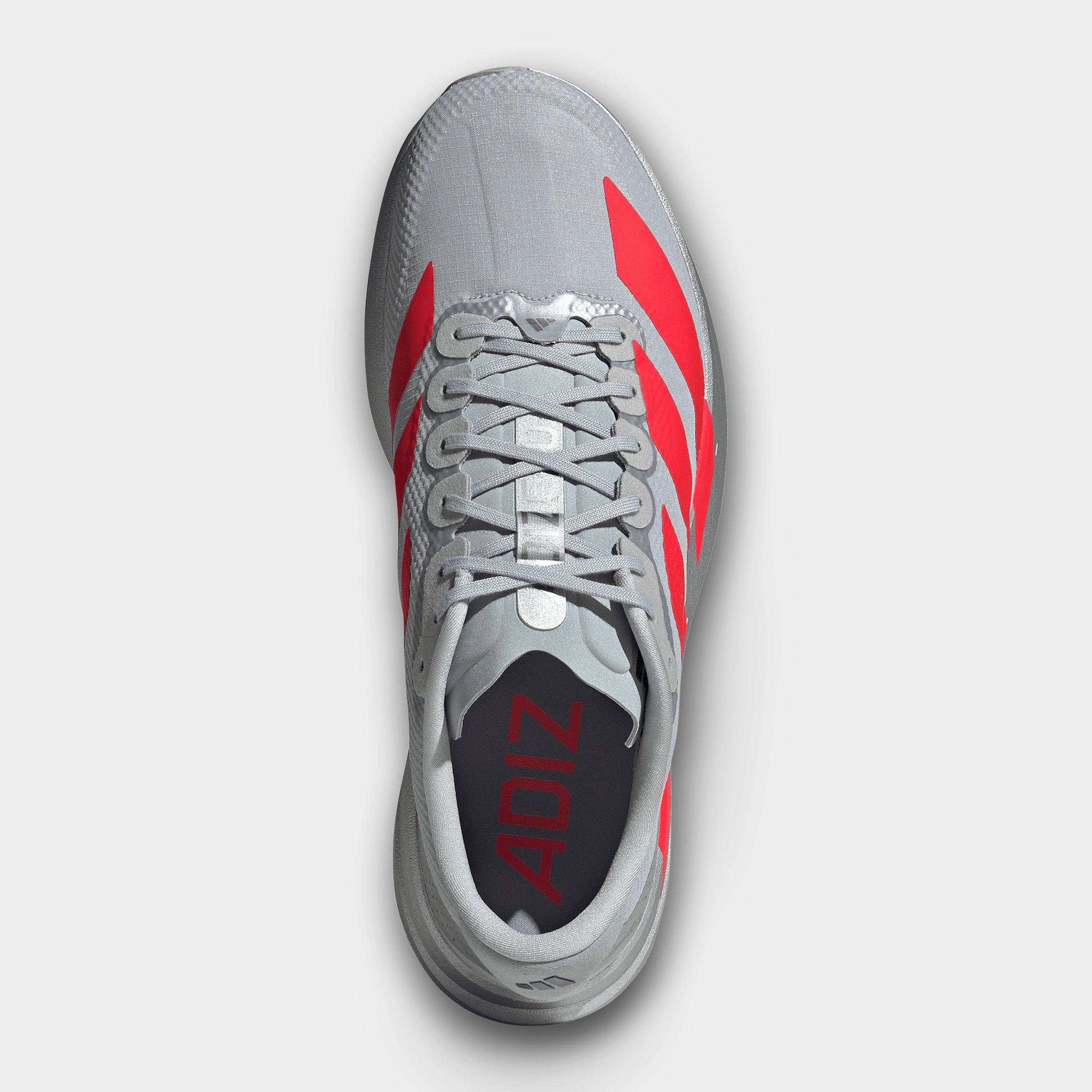 Men's adidas Adizero EVO SL Woven Running Shoes - Part 1 - Silver Metallic/Lucid Red/Iron Metallic - Top view