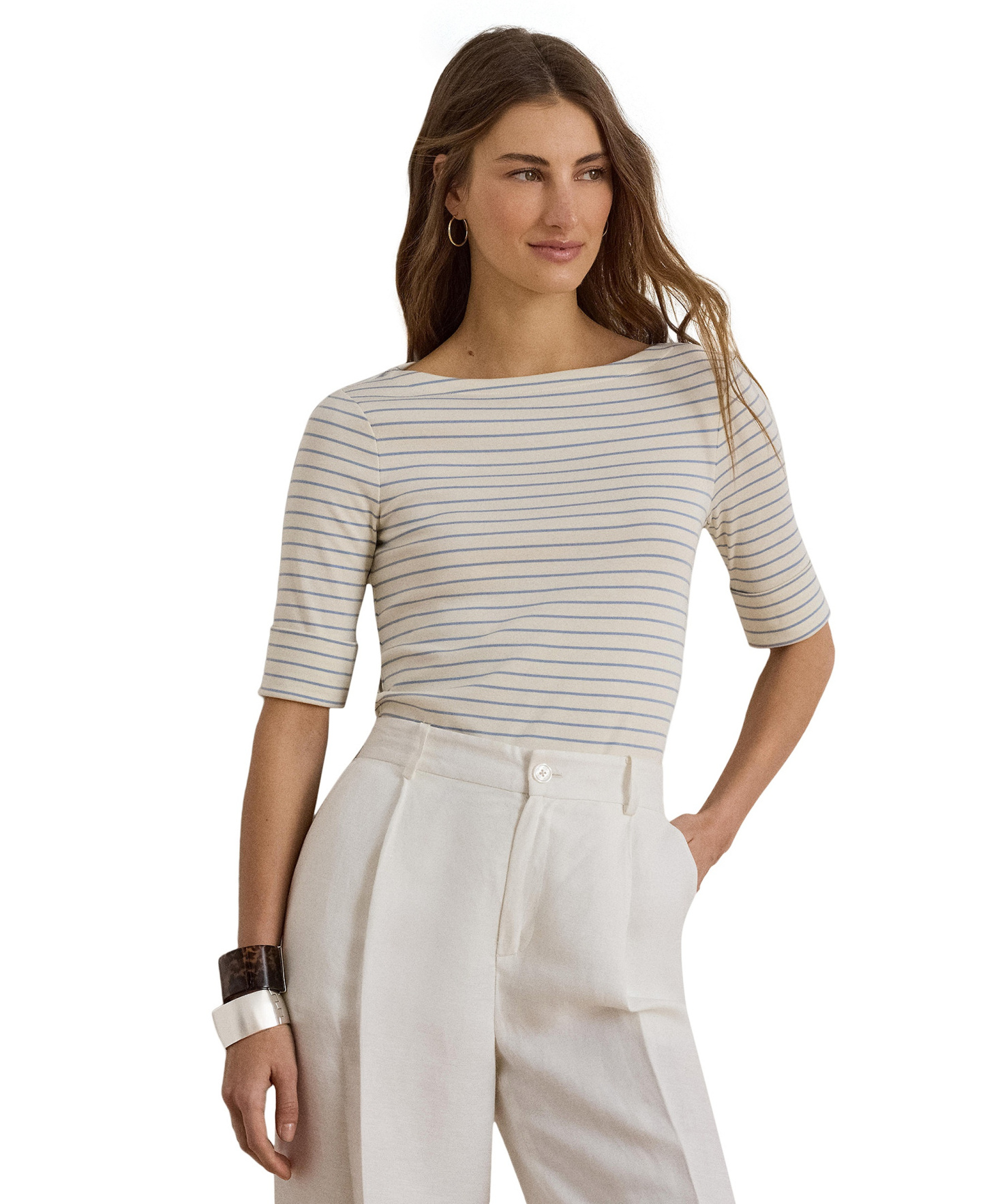 Lauren Ralph Lauren Women's Striped Boat Neck Top - Mas Cream/dusty Sky