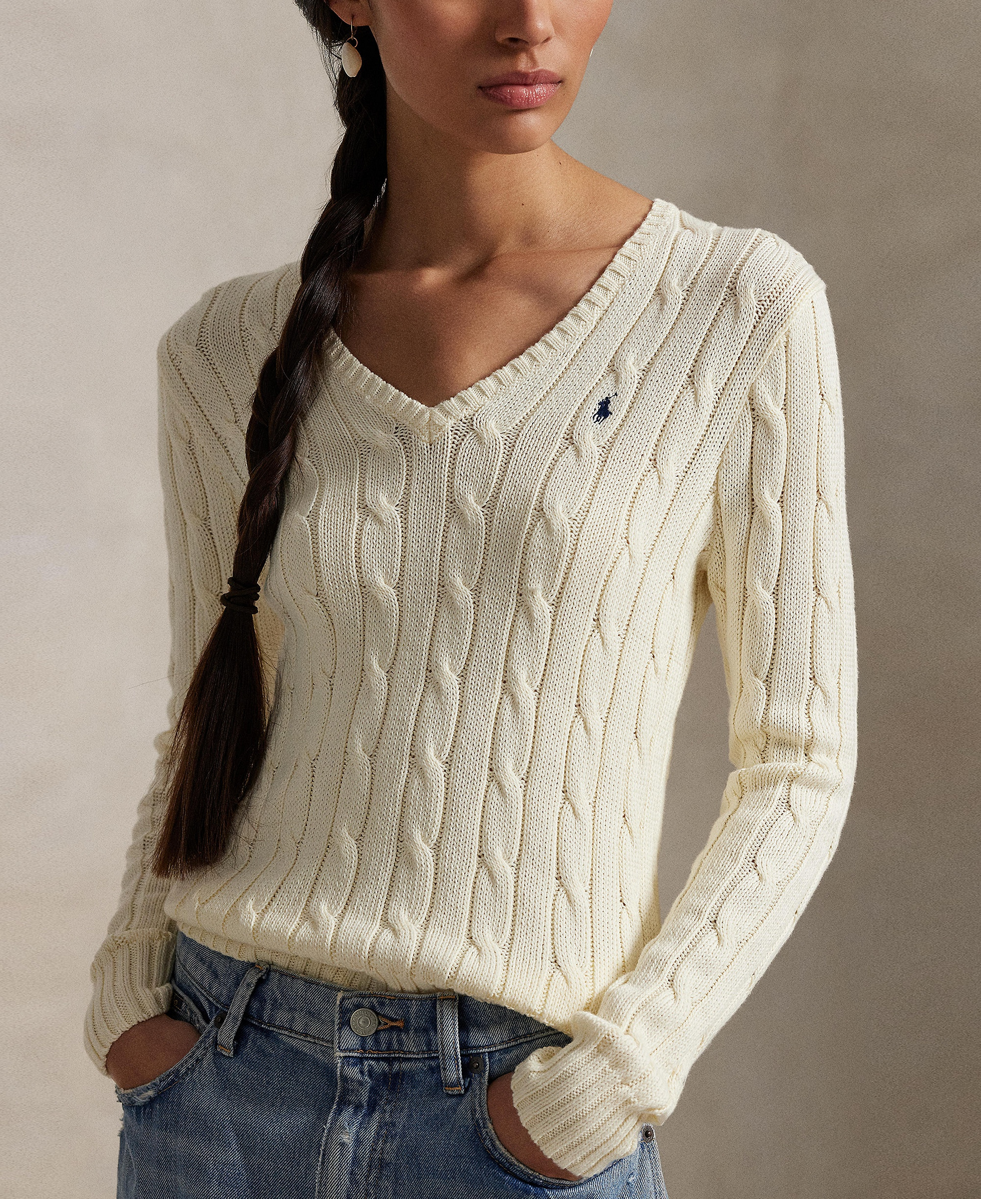 Polo Ralph Lauren Women's Cable-Knit Cotton V-Neck Sweater - Cream