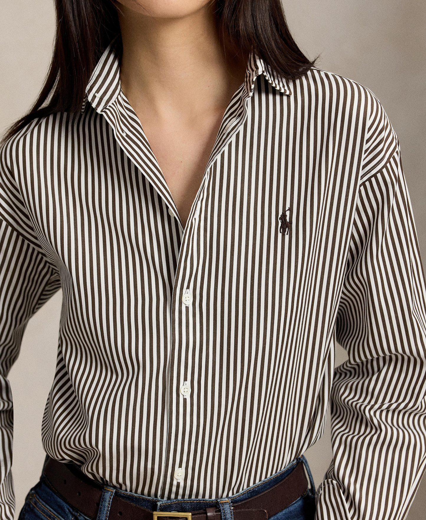 Polo Ralph Lauren Women's Relaxed-Fit Striped Cotton Shirt - Dark Brown/White