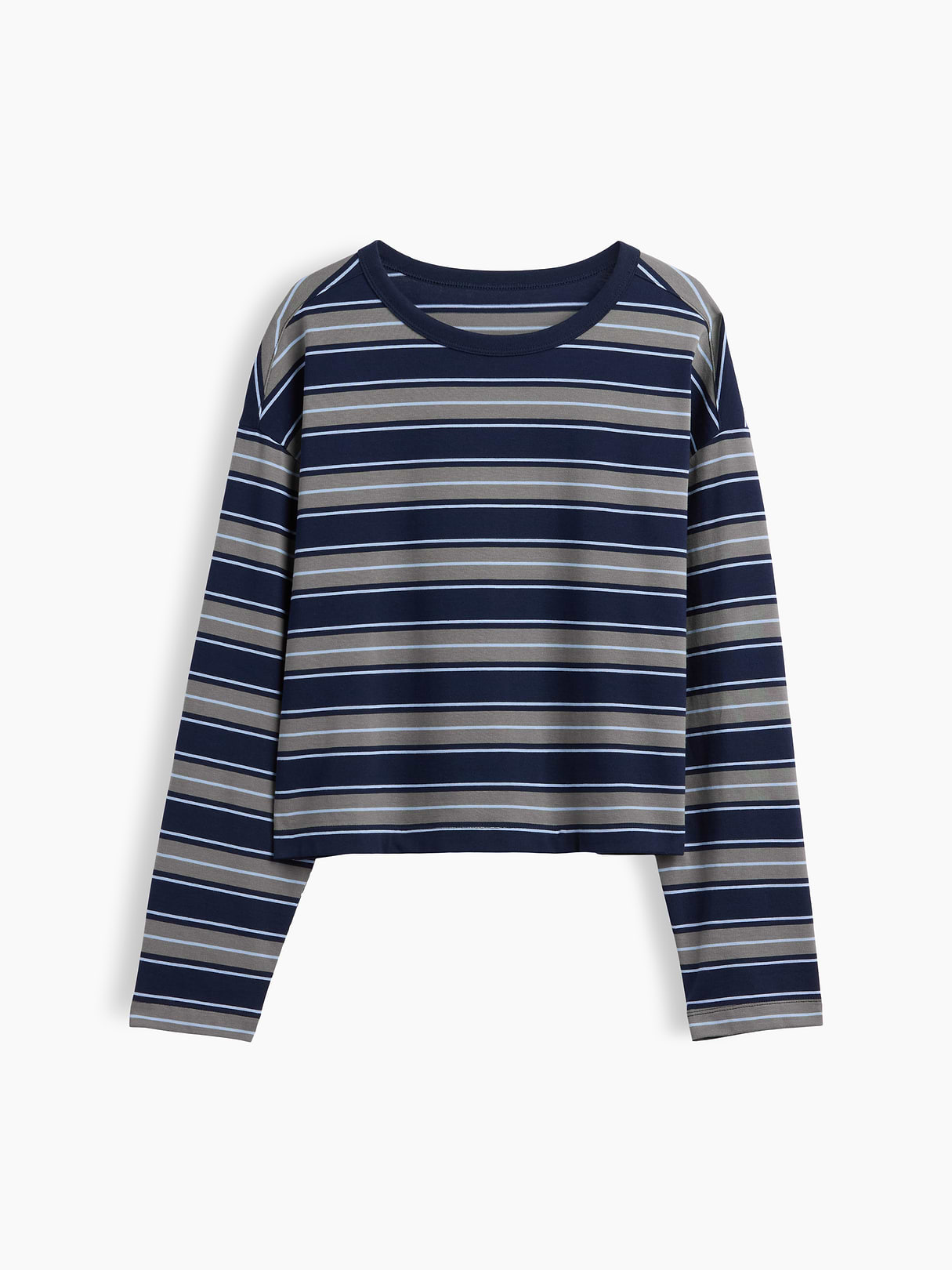 Knit Oversized Crop T-Shirt - Castor grey & navy blue stripe
