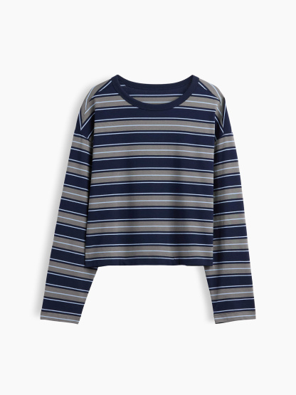 Knit Oversized Crop T-Shirt - Castor grey & navy blue stripe