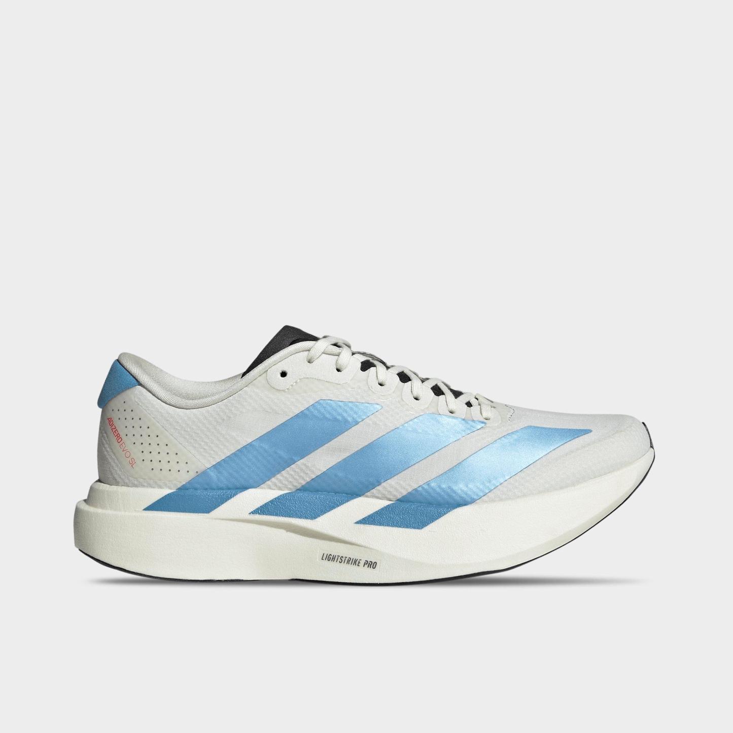 Women's adidas Adizero EVO SL Woven Running Shoes - Part 1 - Off White/Light Blue/Off White - Left shoe facing left. Outside of the shoe.