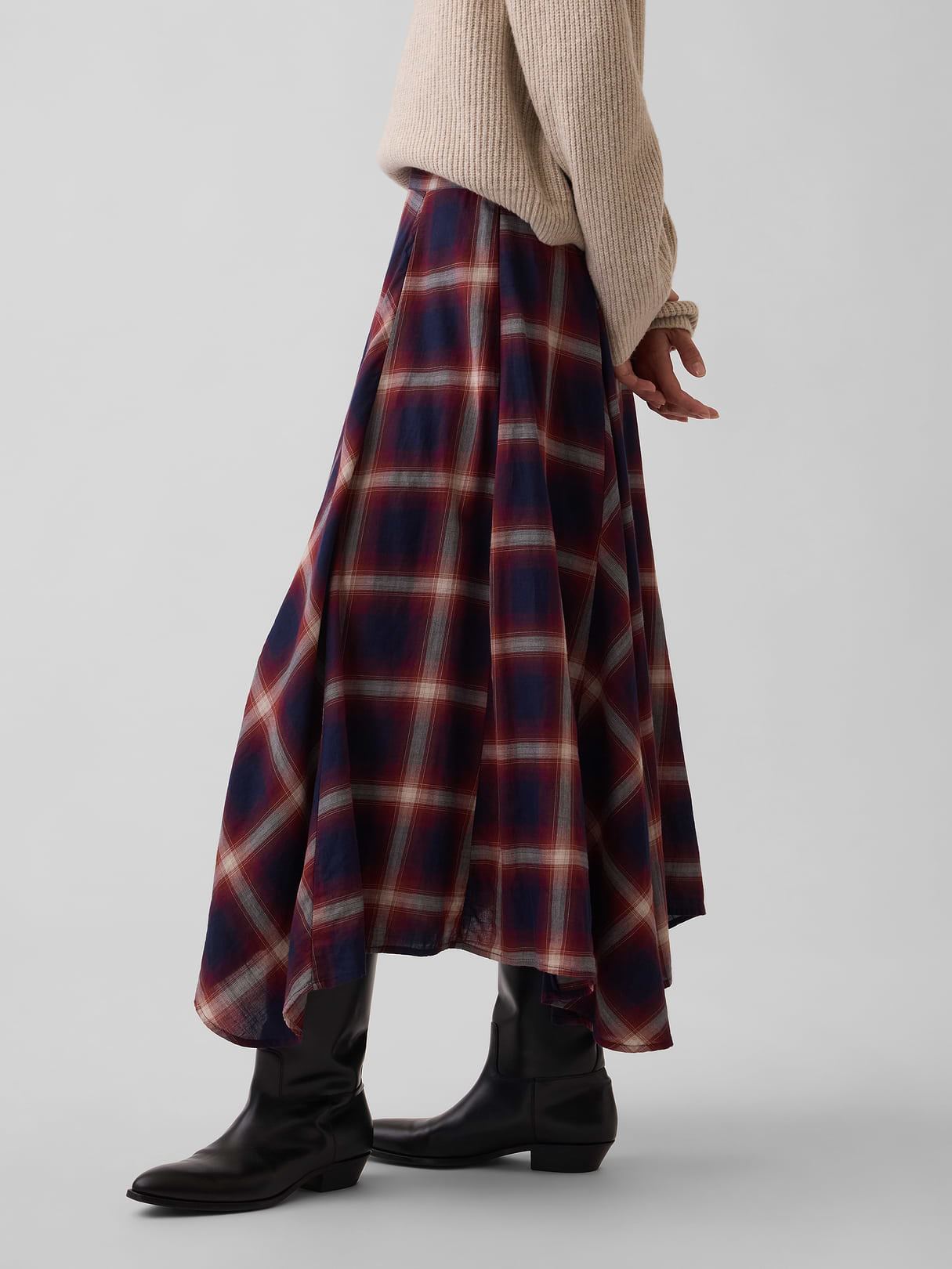 Plaid Maxi Handkerchief Skirt - Navy blue & red plaid