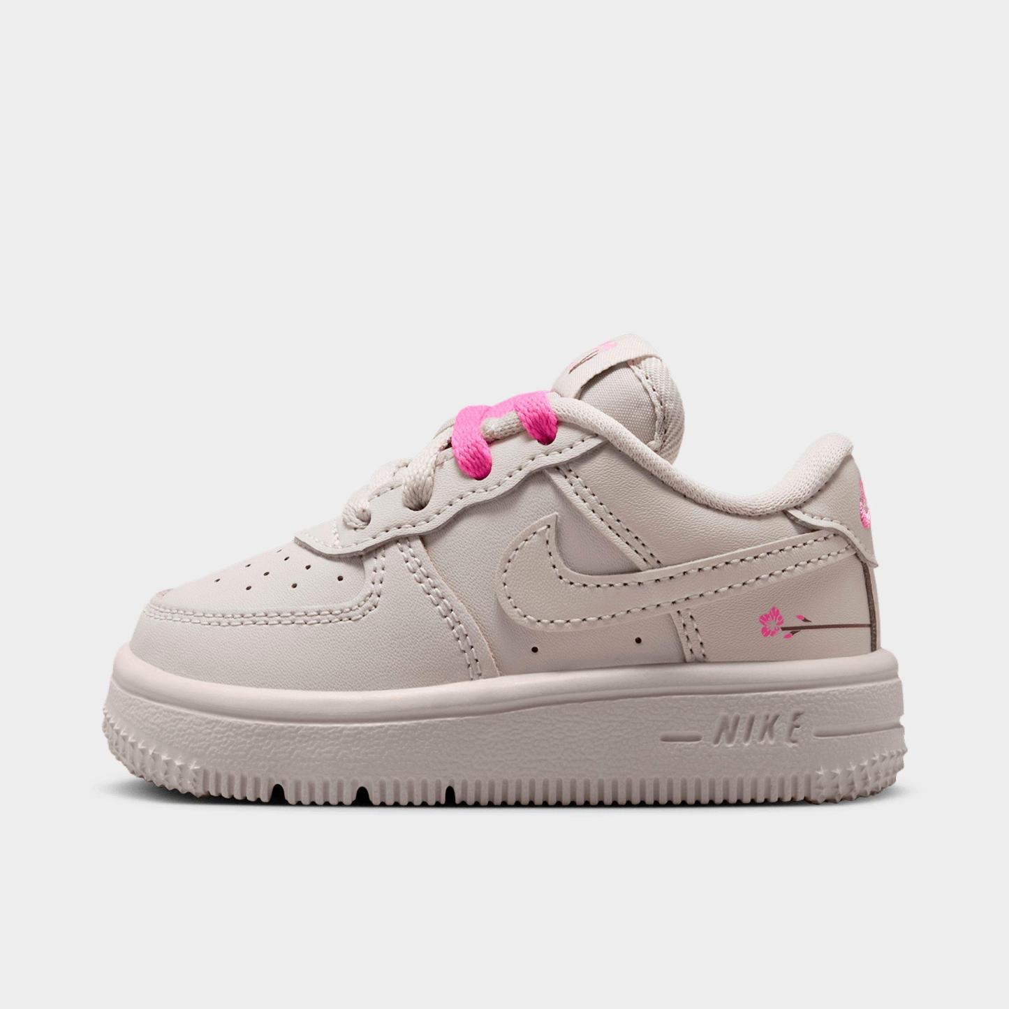 Infant and Kids' Toddler Nithtke Force 1 Low Casual Shoes - Part 1 - Light Bone/Playful Pink/Fauna Brown/Light Bone - Left shoe facing left. Outside of the shoe.