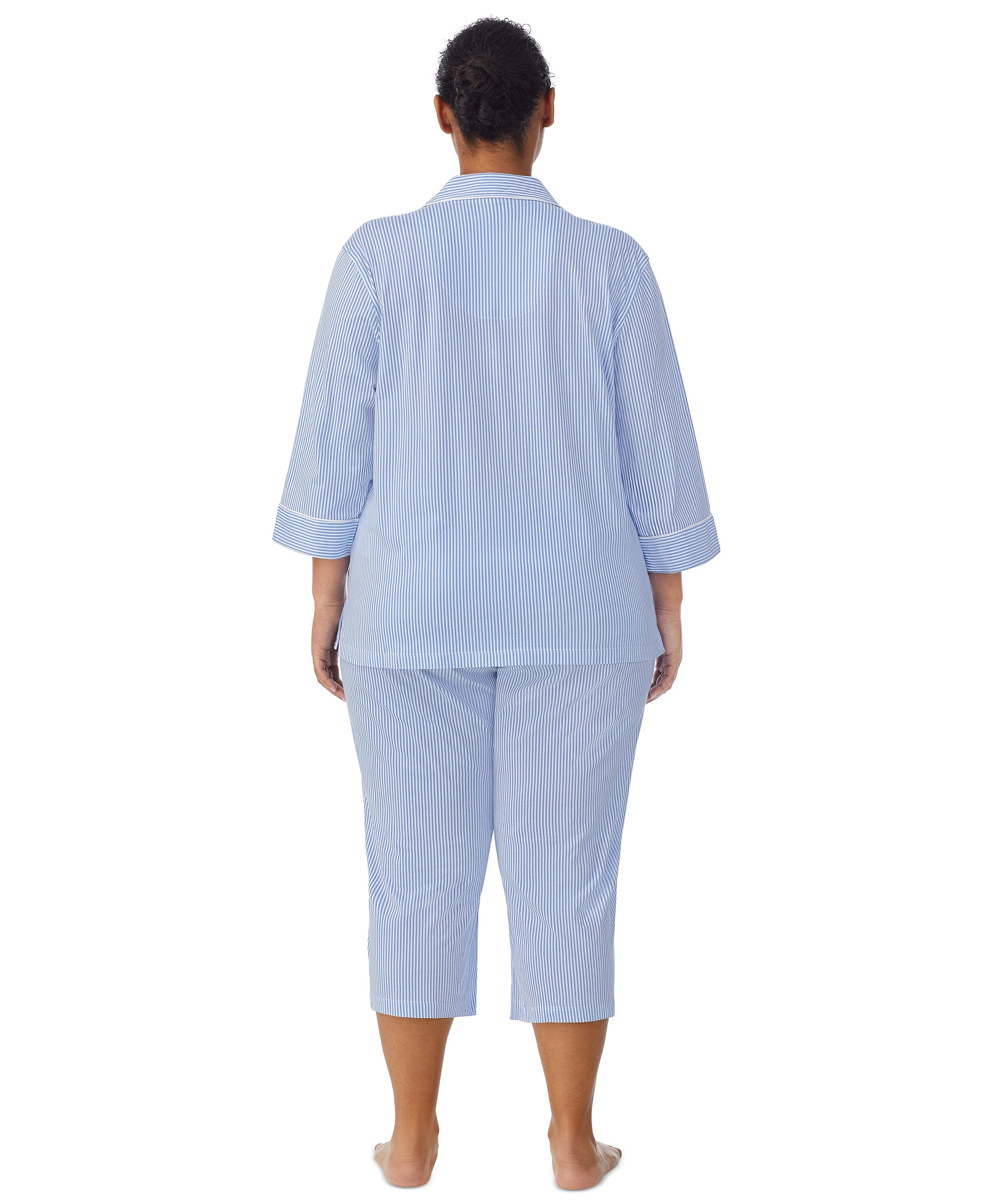 Lauren Ralph Lauren Womens 3/4 Sleeve Cotton Notch Collar Capri Pant Pajama Set - French Blue Stripe