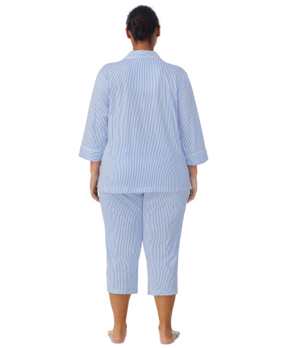Lauren Ralph Lauren Womens 3/4 Sleeve Cotton Notch Collar Capri Pant Pajama Set - French Blue Stripe