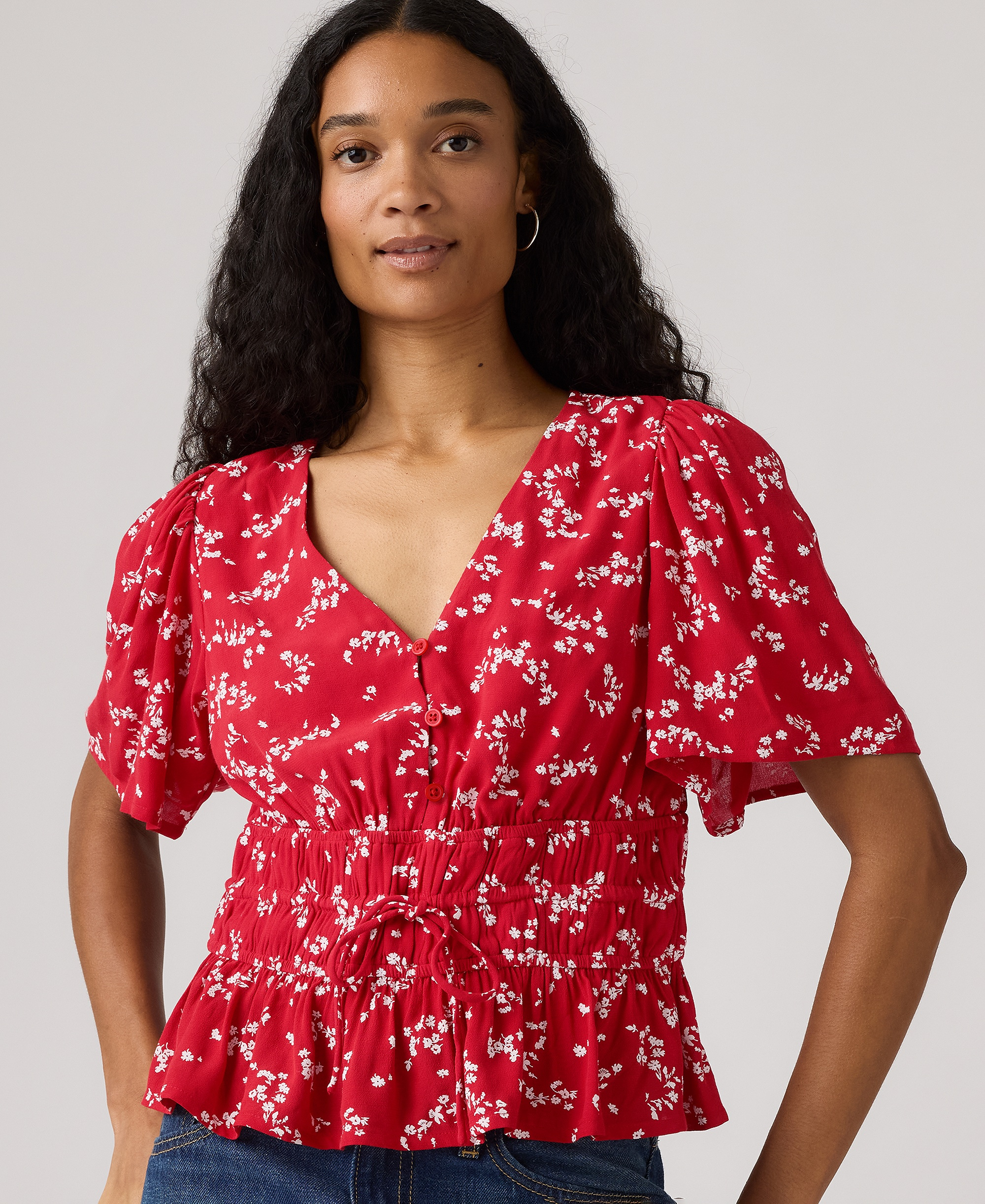 Levi's Women's V-Neck Ryan Short-Sleeve Crepe Blouse - Janet Floral Urban Red
