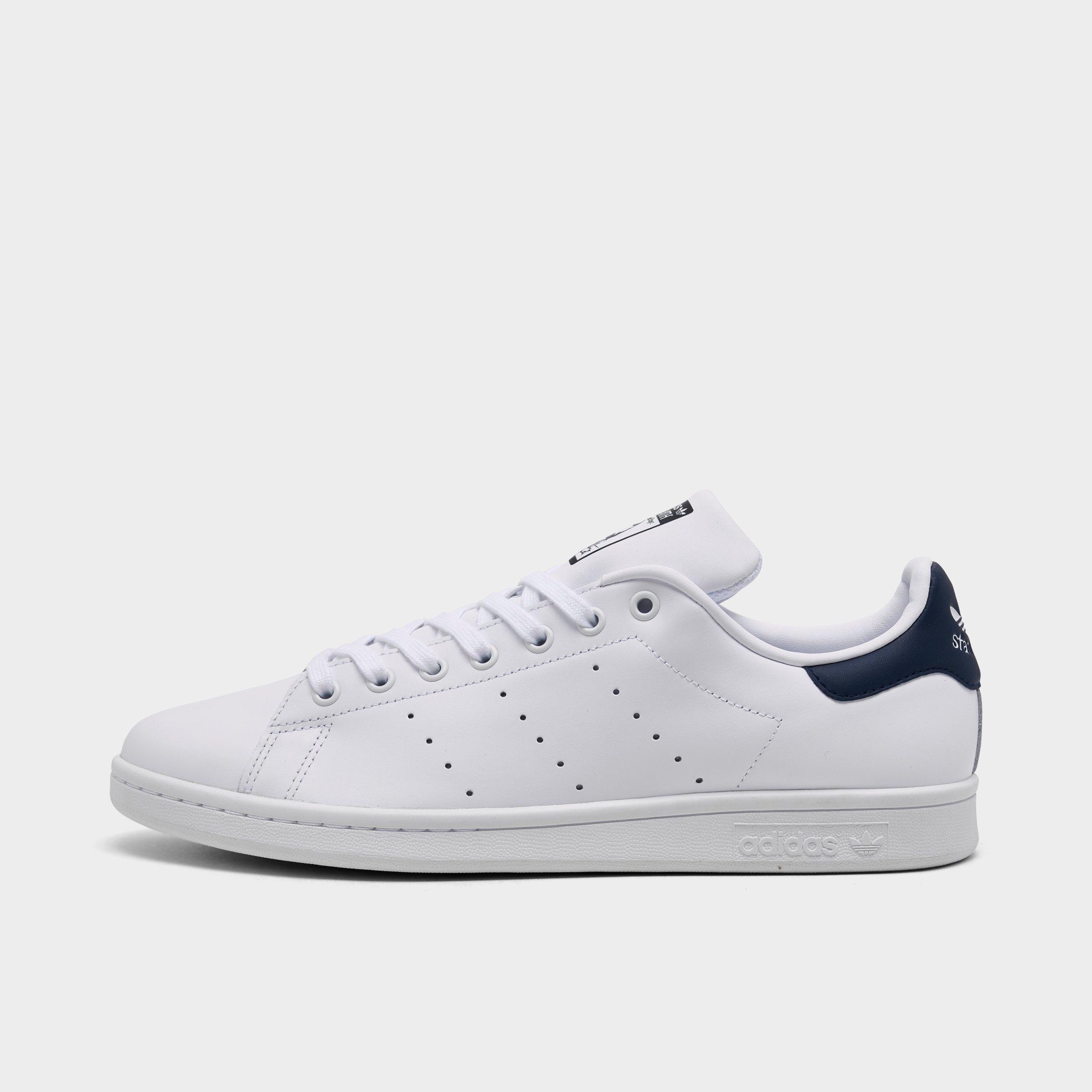 Men's adidas Originals Stan Smith Casual Shoes - Core White/Core White/Dark Blue - Left shoe facing left. Outside of the shoe.