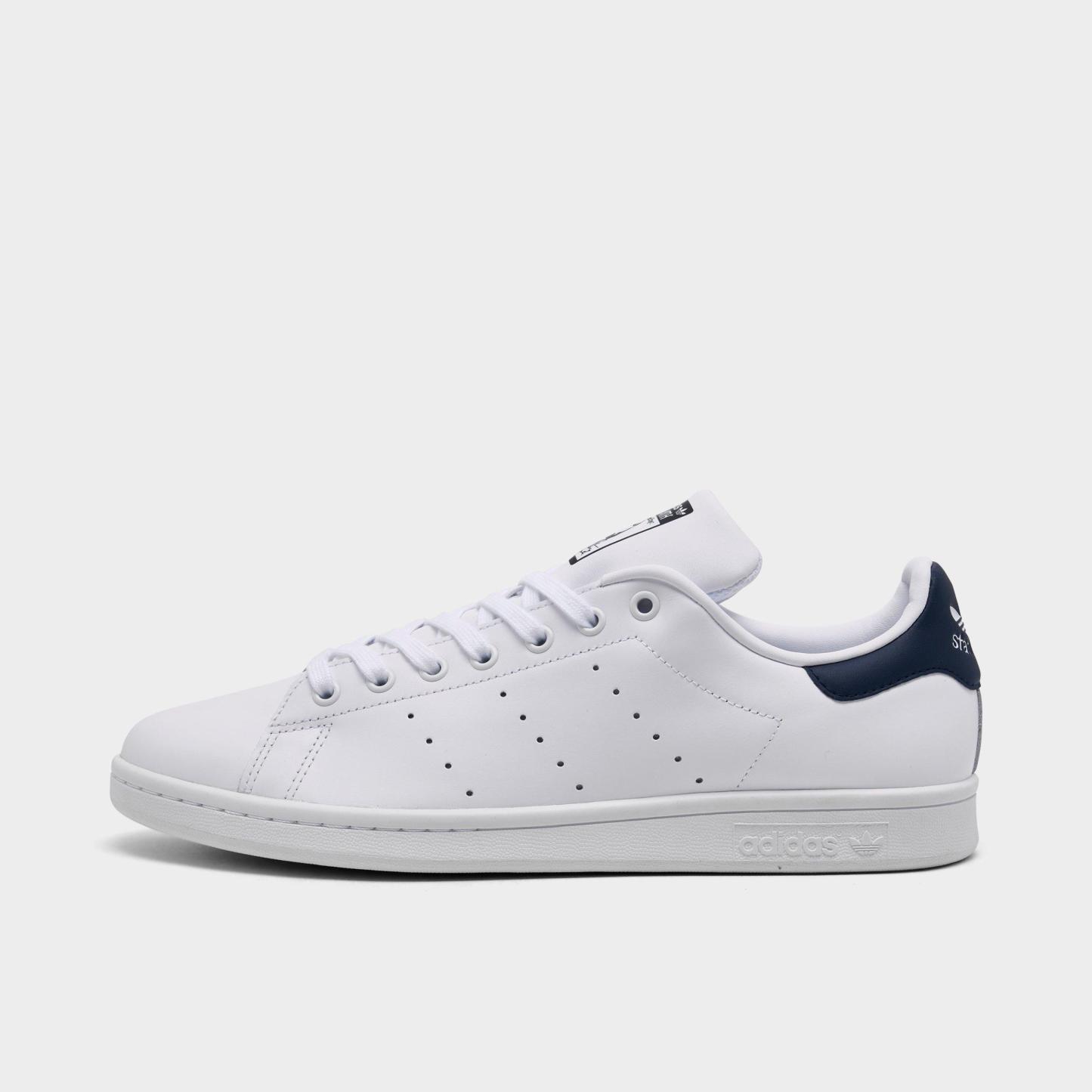 Men's adidas Originals Stan Smith Casual Shoes - Core White/Core White/Dark Blue - Left shoe facing left. Outside of the shoe.